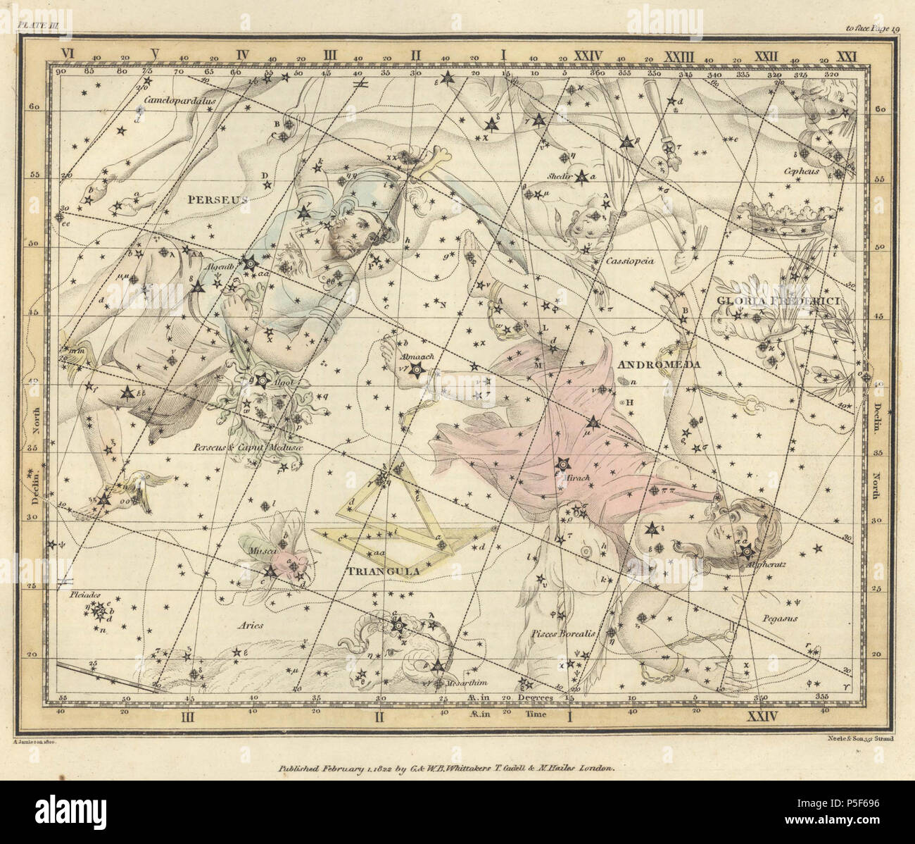 N/A. La piastra 3 da un atlante celeste comprendente un display sistematica del cielo in una serie di trenta mappe illustrato dalla descrizione scientifica dei loro contenuti e accompagnate da cataloghi delle stelle e esercizi astronomici . 1822. Alexander Jamieson 81 Alexander Jamieson Atlas-Plate celeste 3 Foto Stock