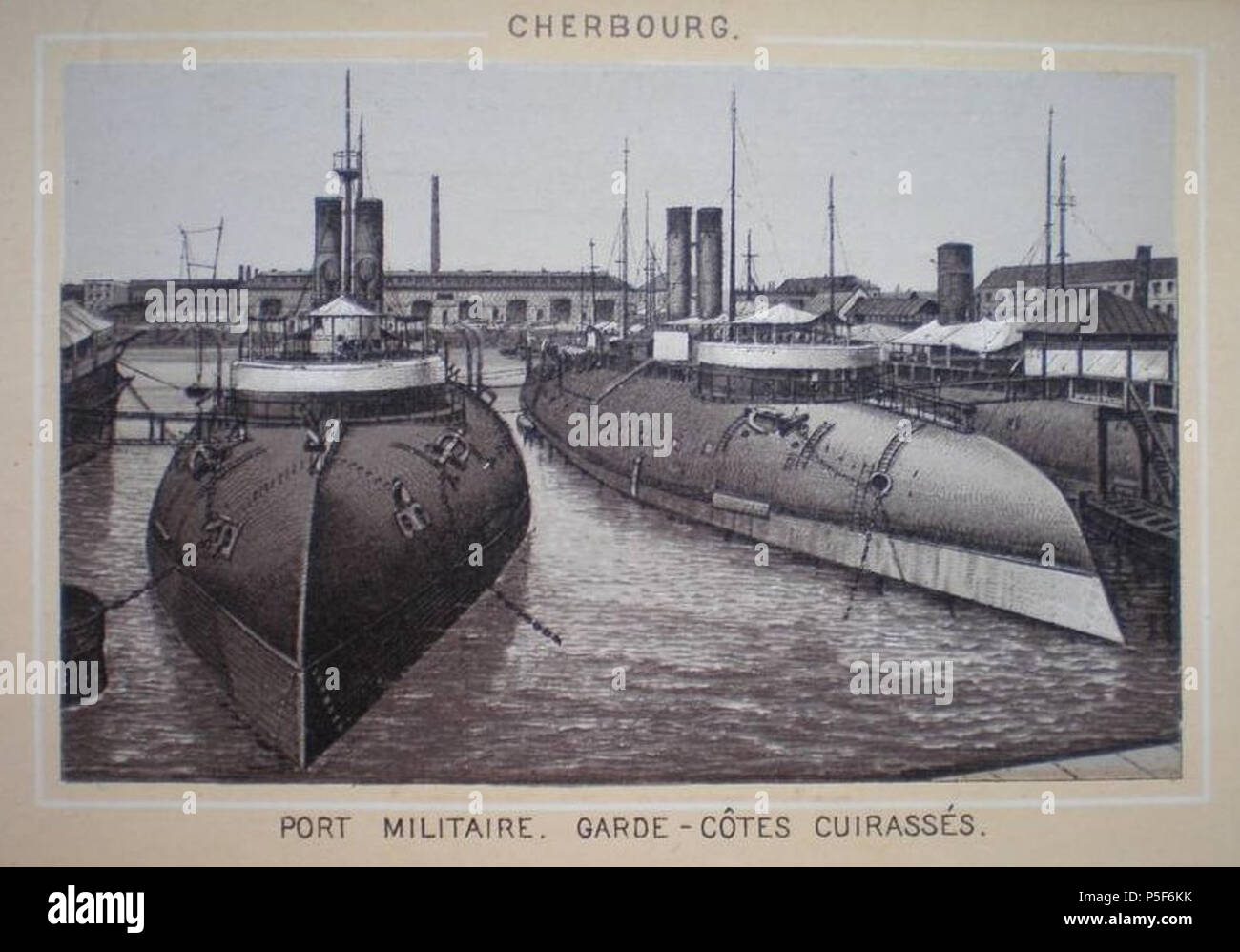 N/A. Carte postale d'après foto, 7,8 x 11,5 cm, Port de Cherbourg, cuirassés amarrés, vers 1870. Ledot Jeune, éditeur. circa nel 1870. Ledot Jeune 337 Cherbourg Ledot 1 Foto Stock