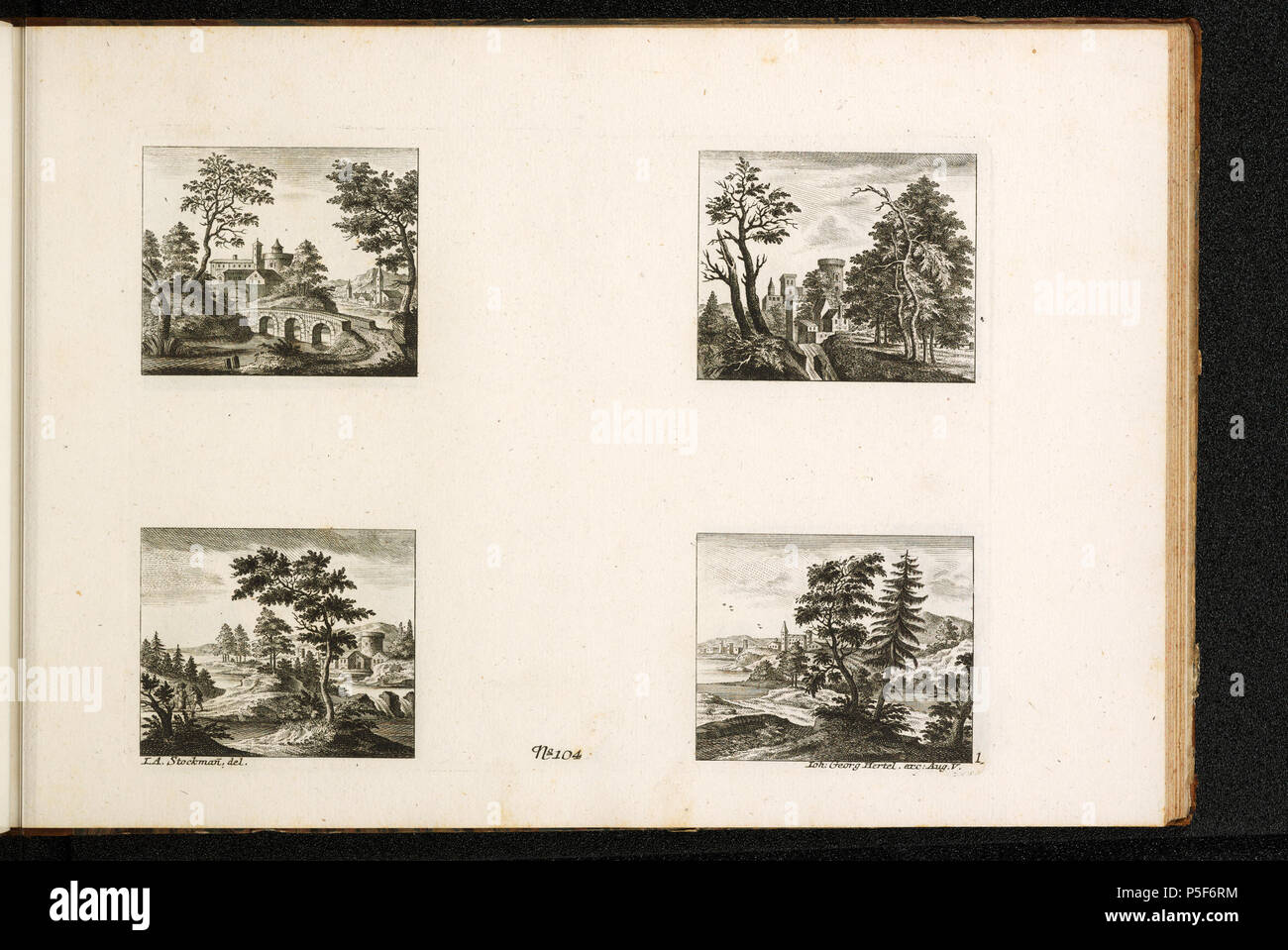 Stampe e Disegni dipartimento . [4 Landschaften]; n. 104 (Blatt 1); [recto links unten]: I.A. Stockmann, del. [Unten Mitte]: N° 104 [unten rechts]: Ioh: Georg Hertel, exc: AgostoV. [Unten rechts]: 1.; Vier Ideallandschaften . Il XVIII secolo. Stockmann Johann Adam [MalerIn/ZeichnerIn] 288 CH-NB - -4 Landschaften- - Collezione Gugelmann - GS-GUGE-2-F-69 Foto Stock