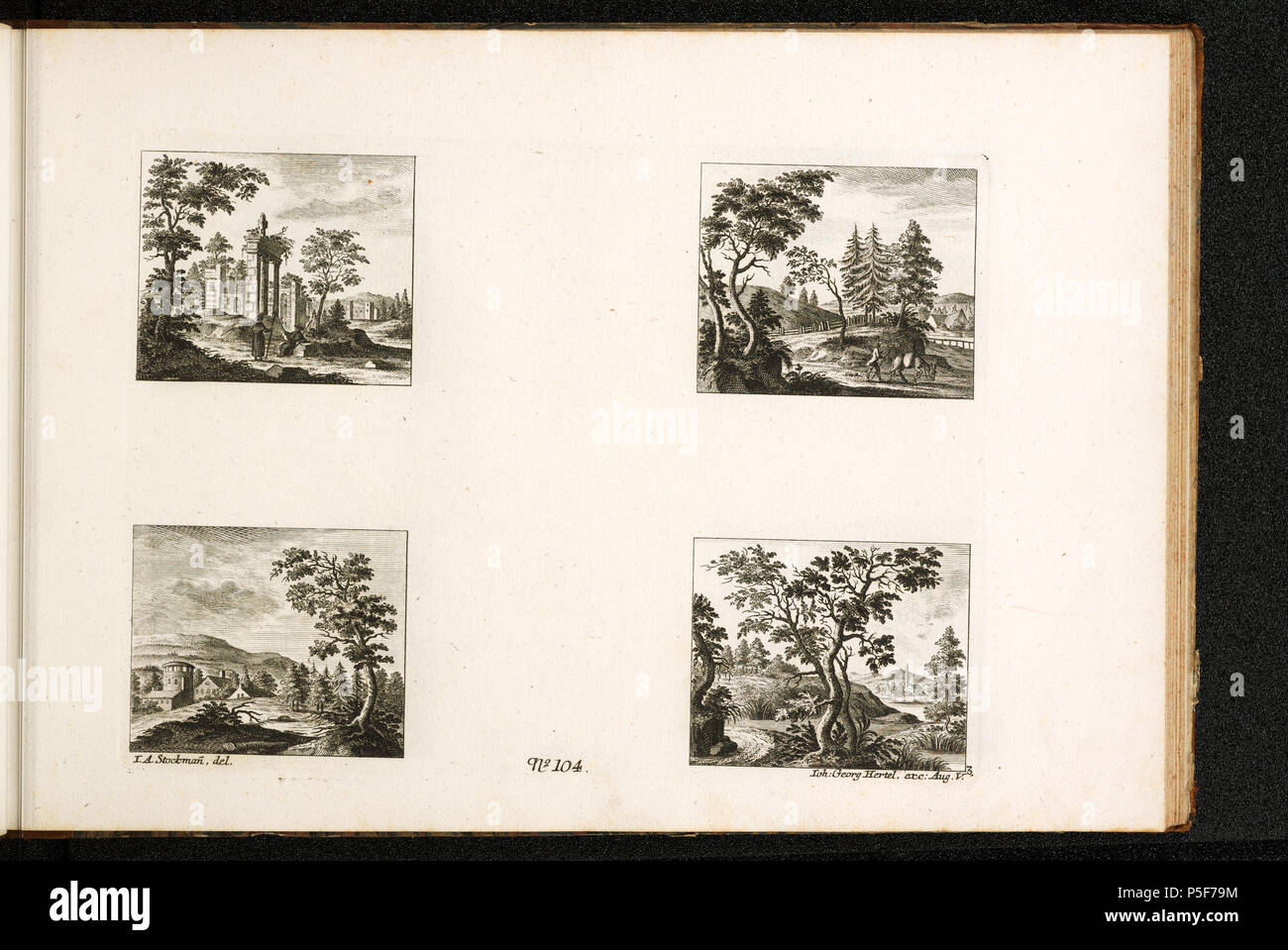 Stampe e Disegni dipartimento . [4 Landschaften]; n. 104 (Blatt 3); [recto links unten]: I.A. Stockmann, del. [Unten Mitte]: N° 104. [Unten rechts]: Ioh: Georg Hertel, exc: AgostoV.3.; Vier Ideallandschaften . Il XVIII secolo. Stockmann Johann Adam [MalerIn/ZeichnerIn] 288 CH-NB - -4 Landschaften- - Collezione Gugelmann - GS-GUGE-2-F-73 Foto Stock