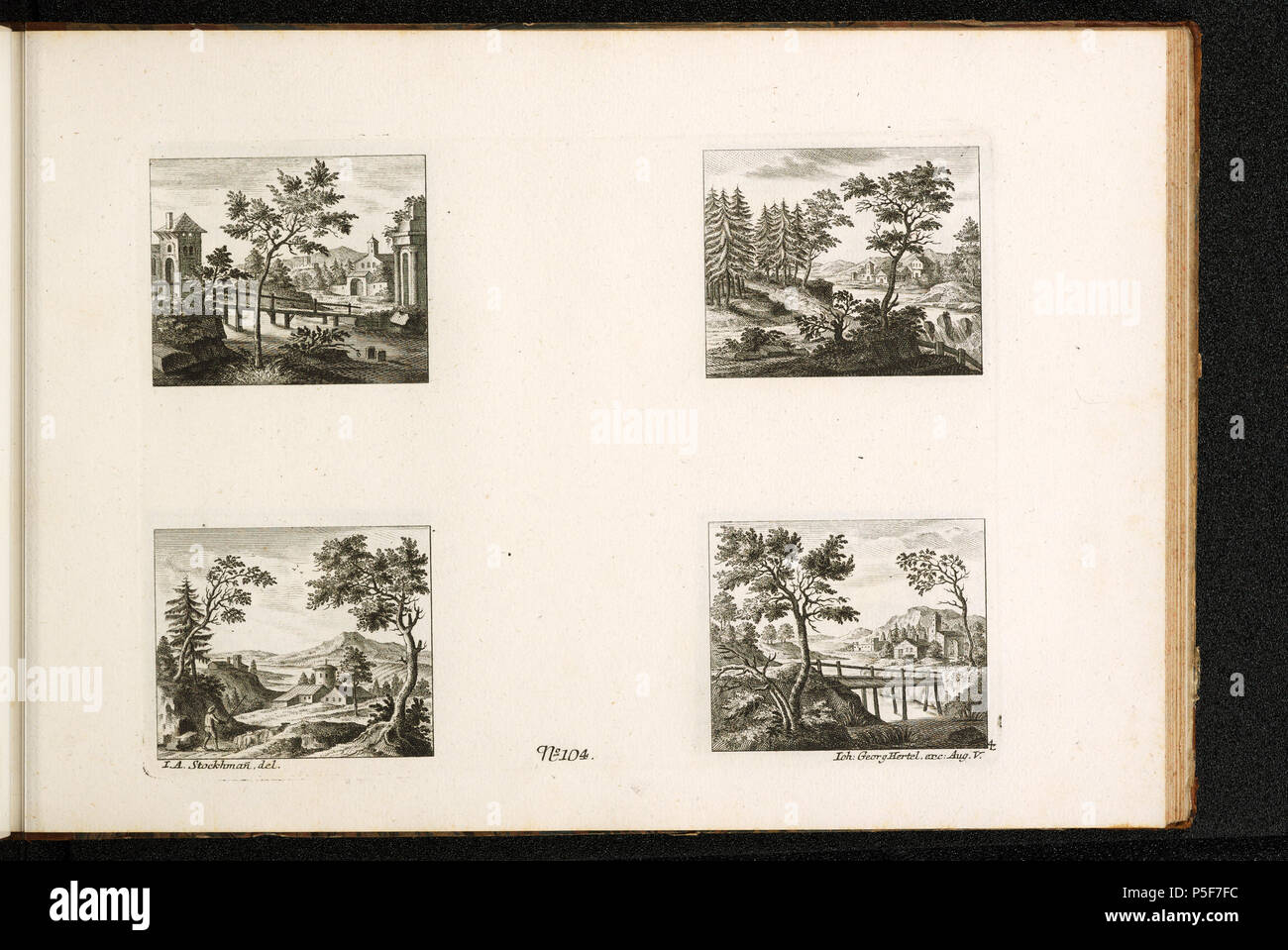 Stampe e Disegni dipartimento . [4 Landschaften]; n. 104 (Blatt 4); [recto links unten]: I.A. Stockmann, del. [Unten Mitte]: N° 104. [Unten rechts]: Ioh: Georg Hertel, exc: AgostoV. [Unten rechts]: 4; Vier Ideallandschaften . Il XVIII secolo. Stockmann Johann Adam [MalerIn/ZeichnerIn] 288 CH-NB - -4 Landschaften- - Collezione Gugelmann - GS-GUGE-2-F-75 Foto Stock