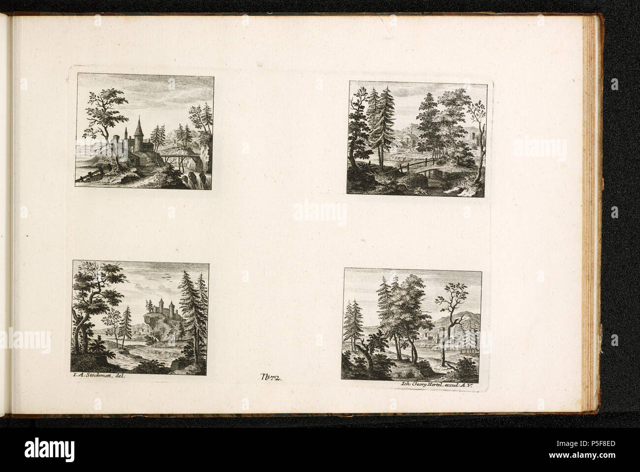 Stampe e Disegni dipartimento . [4 Landschaften]; n. 72; [recto links unten]: I.A. Stockmann, del. [Unten Mitte]: N° 72. [Unten rechts]: Ioh: Georg Hertel, excud: A.V.; Vier Ideallandschaften . Il XVIII secolo. Stockmann Johann Adam [MalerIn/ZeichnerIn] 288 CH-NB - -4 Landschaften- - Collezione Gugelmann - GS-GUGE-2-H-89 Foto Stock