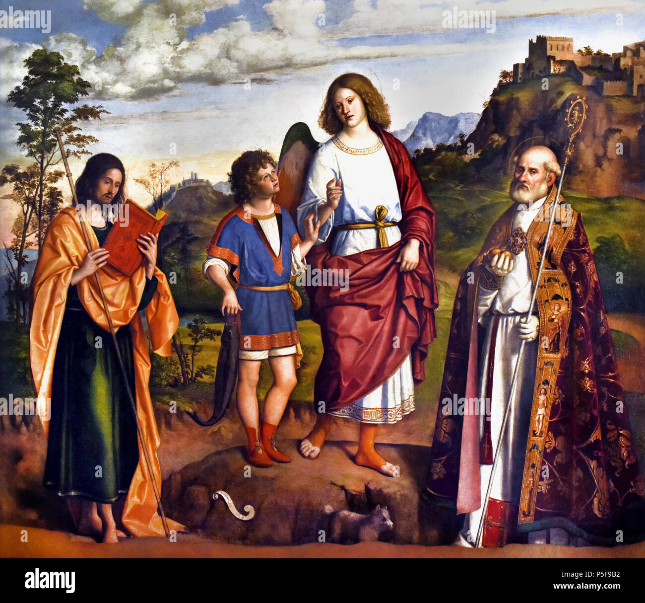 L Arcangelo Raffaele con Tobiolo tra Santi Nicolò e Giacomo Maggiore - l Arcangelo Raffaele con Tobiolo tra i Santi Nicolò e Giacomo Maggiore di Giambattista Cima da Conegliano ,1459 -1518 ,Italia, ITALIANO, Foto Stock