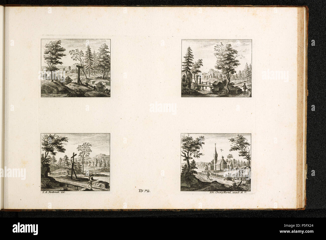 Stampe e Disegni dipartimento . [4 Landschaften]; n. 72; [recto links unten]: I.A. Stockmann, del. [Unten Mitte]: N° 72. [Unten rechts]: Ioh: Georg Hertel, excud: A.V.; Vier Ideallandschaften . Il XVIII secolo. Stockmann Johann Adam [MalerIn/ZeichnerIn] 288 CH-NB - -4 Landschaften- - Collezione Gugelmann - GS-GUGE-2-H-85 Foto Stock