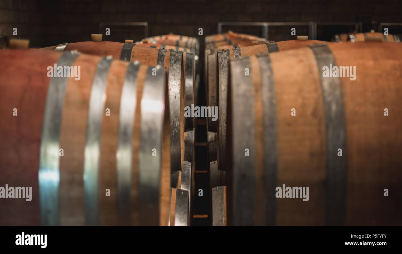 Vino rosso imbevuto in botti di legno nella cantina di un Chianti cantina in Italia. Foto Stock