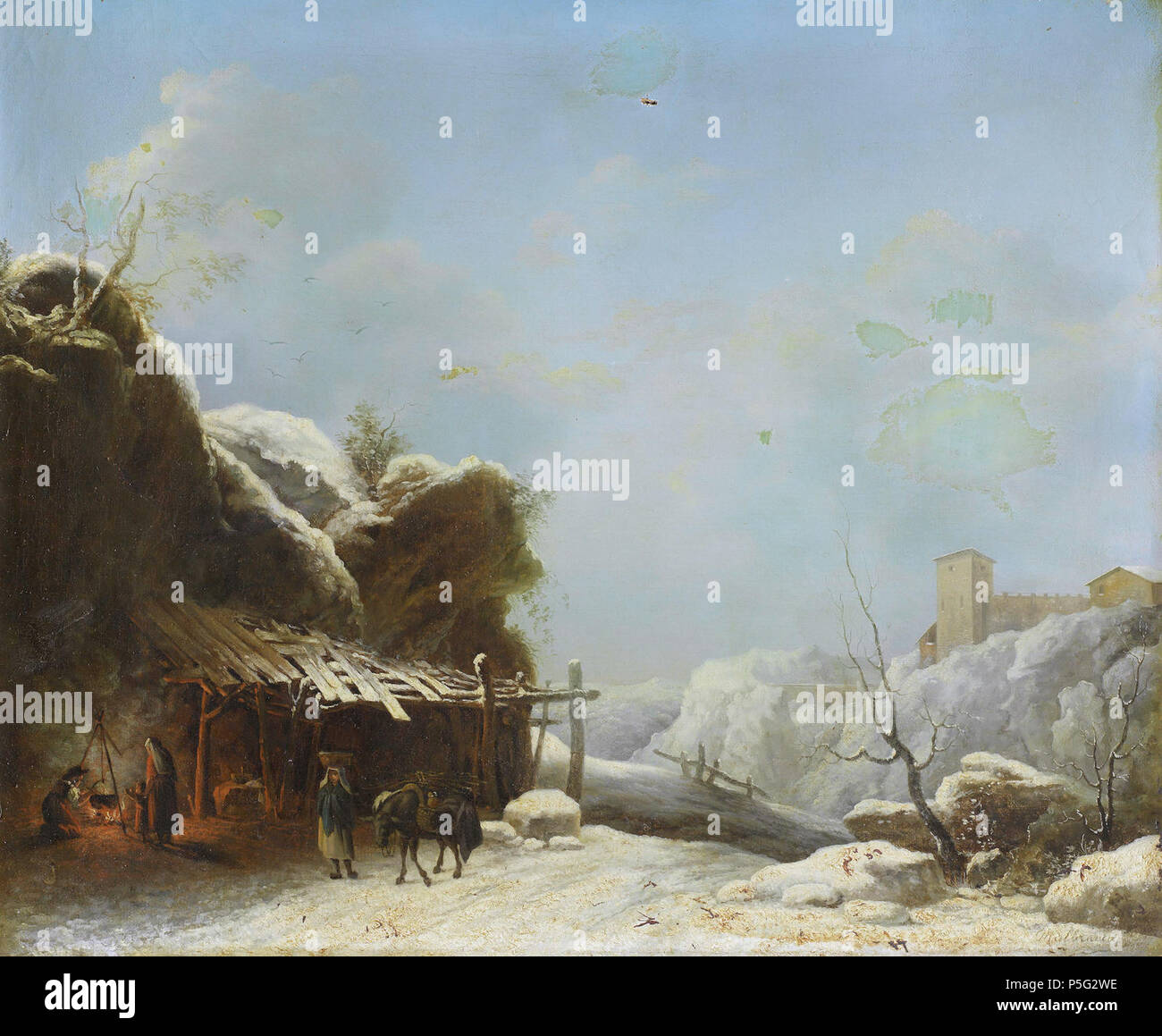 N/A. Inglese: un paesaggio invernale con una donna e il suo asino su un percorso, una cittadina collinare al di là di olio su tela, unlined 45.3 x 55 cm firmato b.r.: Malbranche . prima di 1838. Creatore:Louis-Claude Malbranche 47 un paesaggio invernale, Louis-Claude Malbranche Foto Stock