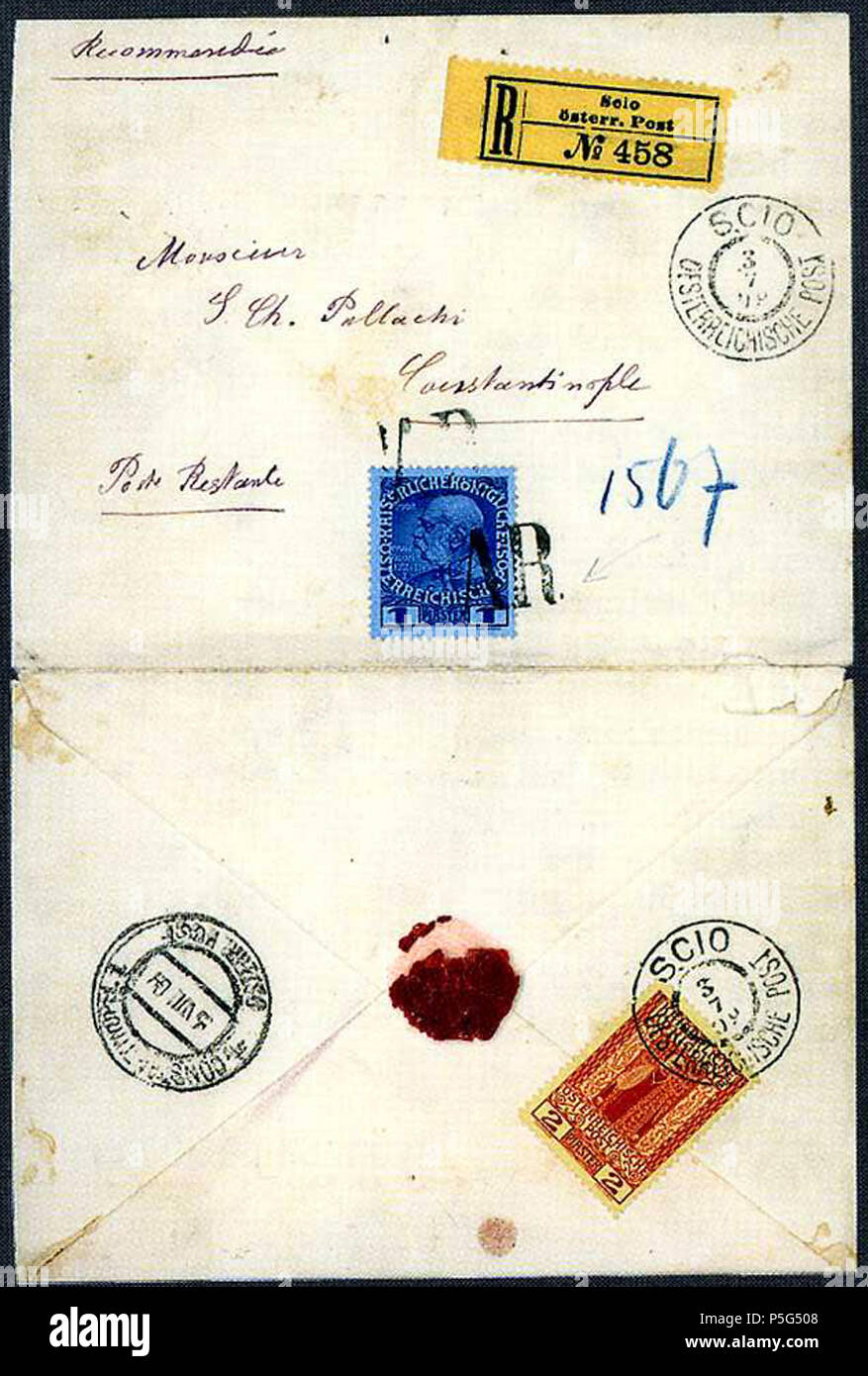 N/A. Français : Recommandé avec 3 piastres, AR (Avis de réception) de 1909. Lotto 1560 vendu 700 FS par Corinphila en 2000 (Raccolta Cihangir). Deutsch: Eingeschrieben Briefcouvert mit Michel N°s 56 & 57. SCIO-CESME OESTERREICHISCHE POST nach Constantinopel. 3 luglio 1909 (scansione 2017-06-27). Austrian Post 32 1909 Scio Costantinopoli Mi56&amp;57 Foto Stock