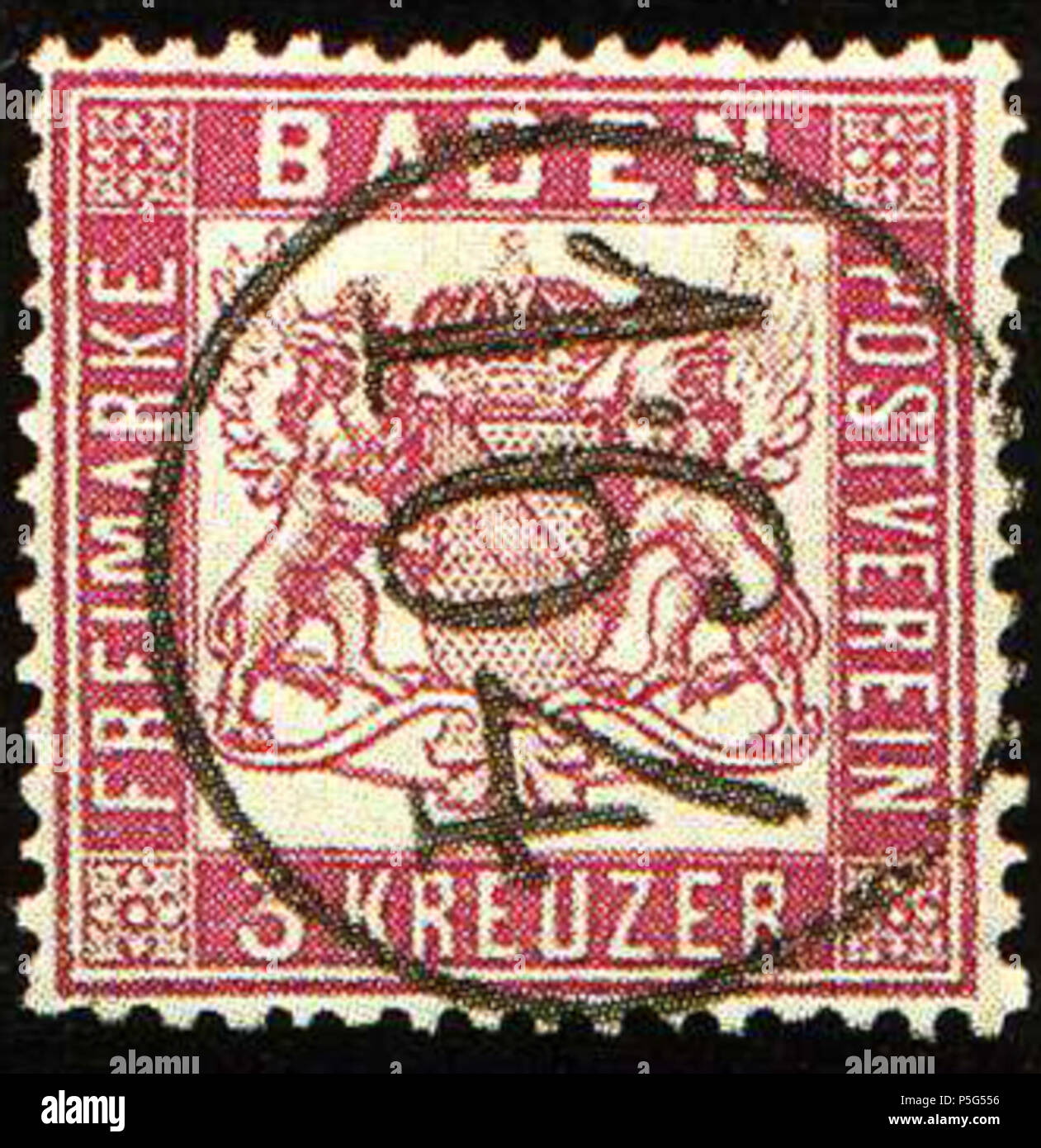 N/A. Français : 3 kreuzer Baden, perf. 13². Cercle unico 164 des bureaux ferrovières ambulants. ID89 vendu 1050 DM en 1982. Michel N°16. 1862 (scansione 2017-07-15). Post di Baden 29 1862 3kr Baden 164 Eisenbahn Mi16 Foto Stock