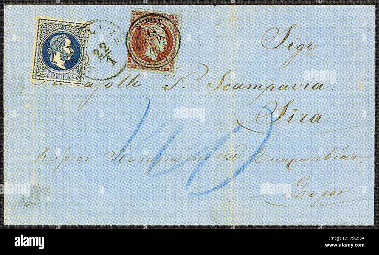 N/A. Français : Lot 1569 vendu 280 FS en 2000 . 27 Luglio 2017 01:12:46. Austrian Post in Impero ottomano 30 1869 10sld Meteline KK Mi4I Syros 40lepta Mi21 Foto Stock