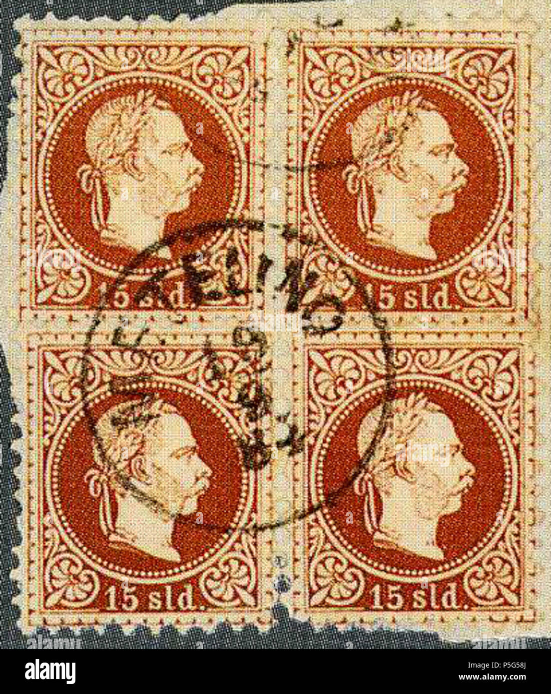 N/A. Inglese: due coppie di quindici soldi brown, ammenda baffi (edizione 1881), Metelino annullato nel 1884. Michel N°5II. Français : Lot 1573 non-vendu 300 FS en 2000 . 19 settembre 1884 (scansione 2017-07-27). Austrian Post in Impero ottomano 31 1884 15sld.2coppie Metelino Mi5II Foto Stock