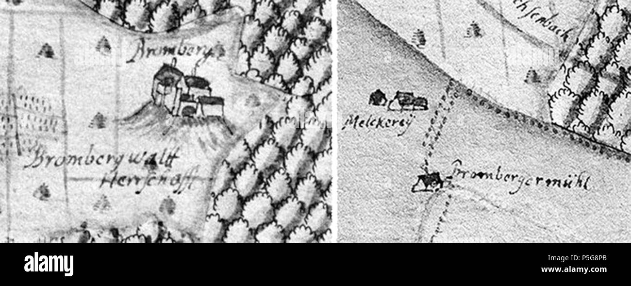 20 1684 Kieser-Ausschnitte Burg Bromberg mit Mühle und Melkerei 4313] Foto Stock
