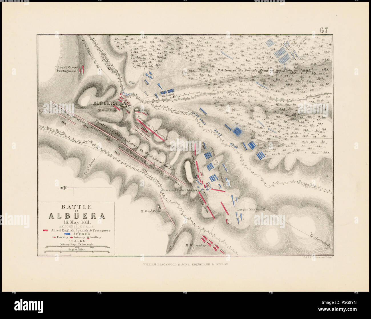 N/A. Inglese: scansione della mappa prodotta da Alexander Keith Johnston per Sir Archibald Alison il libro di Alison nella storia dell'Europa, pubblicato nel 1850. publisher en:William Blackwood & sons . 1850. Alexander Keith Johnston 177 Battaglia di Albuera (1811) mappa Foto Stock