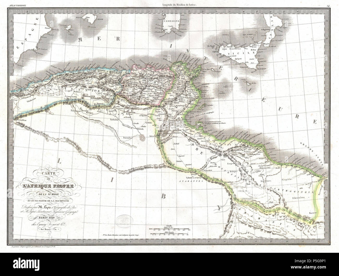 1829 Lapie mappa storica dell'impero di Cartagine ( moderna Tunisia ) - Geographicus - AfriqueiPropre-lapie-1829. Foto Stock