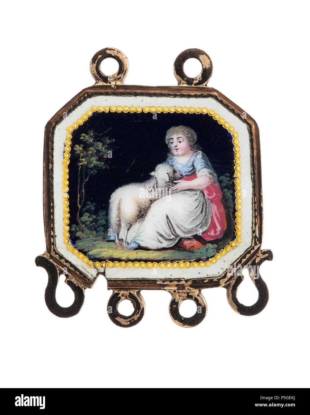 XXXVIII:G.C.08. 335 Chatelaine, del av, av guld och emalj med motiv av kvinna och lamm, 1700-tal - Hallwylska museet - 110363 Foto Stock