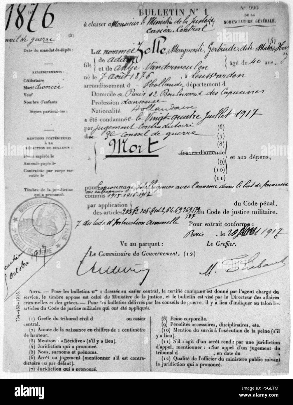 N/A. Inglese: Bollettino n. 1 . 1917. Ufficio del Procuratore Generale della corte marziale 249 BulletinNo1 Mata Hari Foto Stock