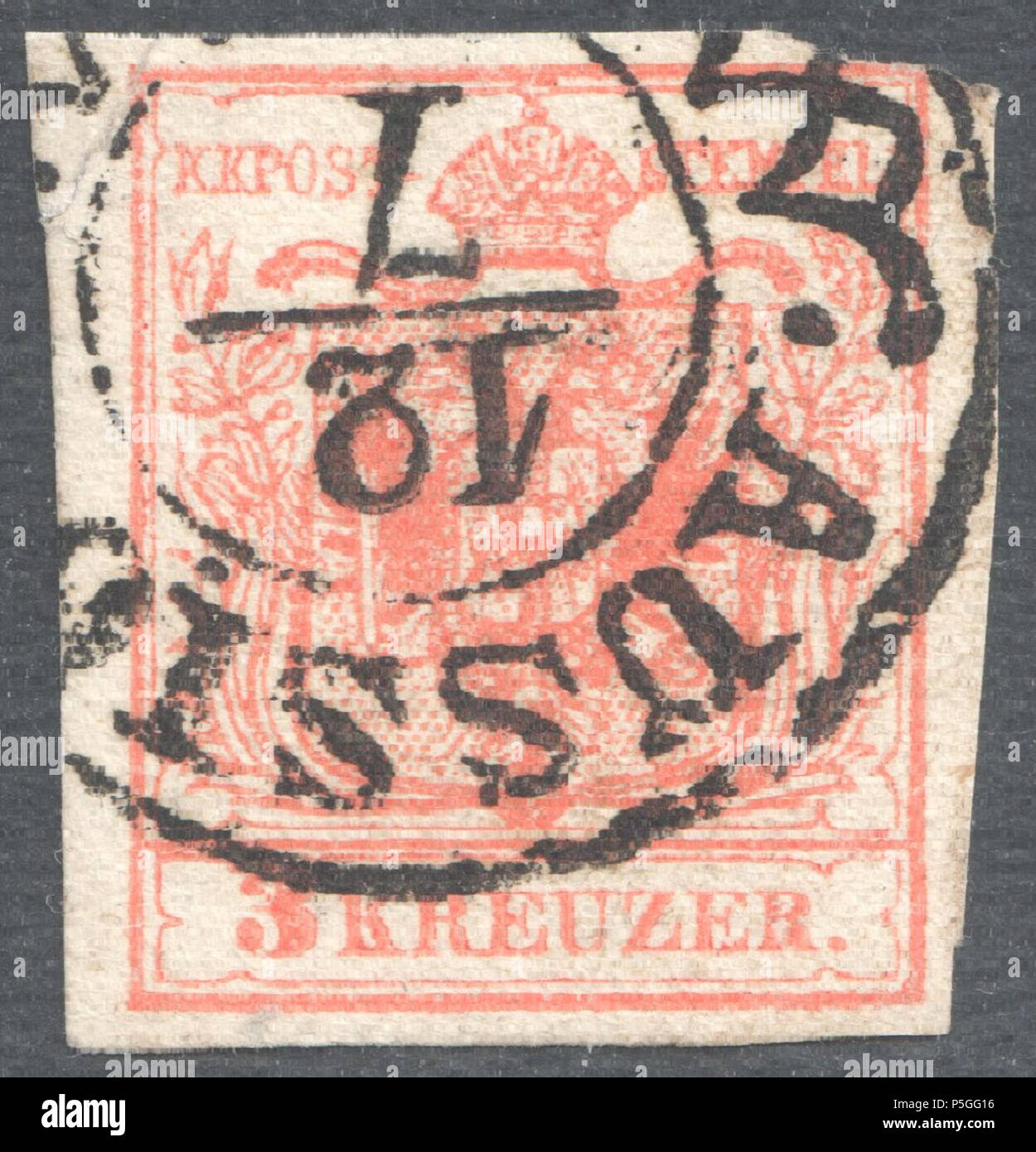N/A. Inglese: KK austriaco timbro, 3 kr problema 1854, Ferchenbauer tipo IIIa, macchina di carta, rose, annullato a AUSSIG ora Ústí nad Labem Repubblica Ceca. Secondo 'R' in 'KREUZER' normale. Müller farà fede il timbro postale: 115b tipo RDo-f (4x3) . 1854. Post dell'Impero Austriaco 153 Austria 1854 IIIa AUSSIG Foto Stock