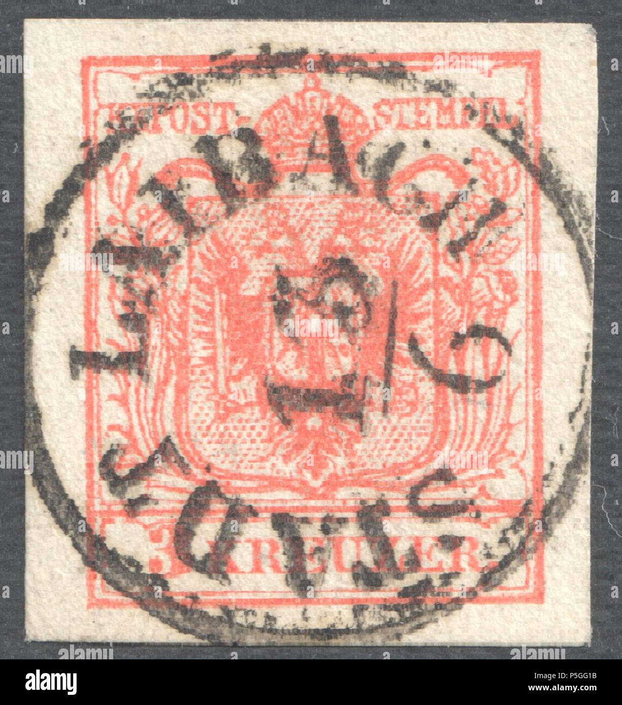 N/A. Inglese: KK austriaco timbro, 3 kr problema 1854, Ferchenbauer tipo IIIa, macchina di carta (0,12-0,13mm), rosa, annullato a 'STADT LAIBACH' ora di Lubiana in Slovenia. Catalogo timbro: Ferchenbauer IIIa Müller farà fede il timbro postale: 1438f di tipo RS-f (2) . 1854. Post dell'Impero Austriaco 153 Austria 1854 IIIa LAIBACH Foto Stock
