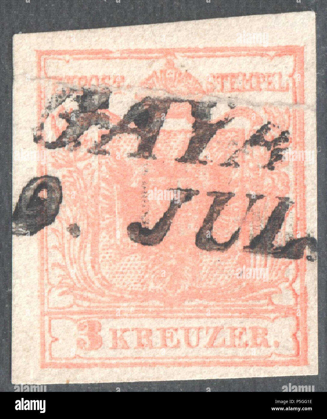 N/A. Inglese: KK austriaco timbro, 3 kr problema 1854, Ferchenbauer tipo IIIa, macchina di carta (0,12mm), rosa, annullato a GAYA ora Kyjov (Hodonín distretto) nella Repubblica Ceca. Timbro del lato destro del foglio, vedere linea frame a destra, 770/A86-6. 1854. Post dell'Impero Austriaco 153 Austria 1854 IIIa GAYA Foto Stock