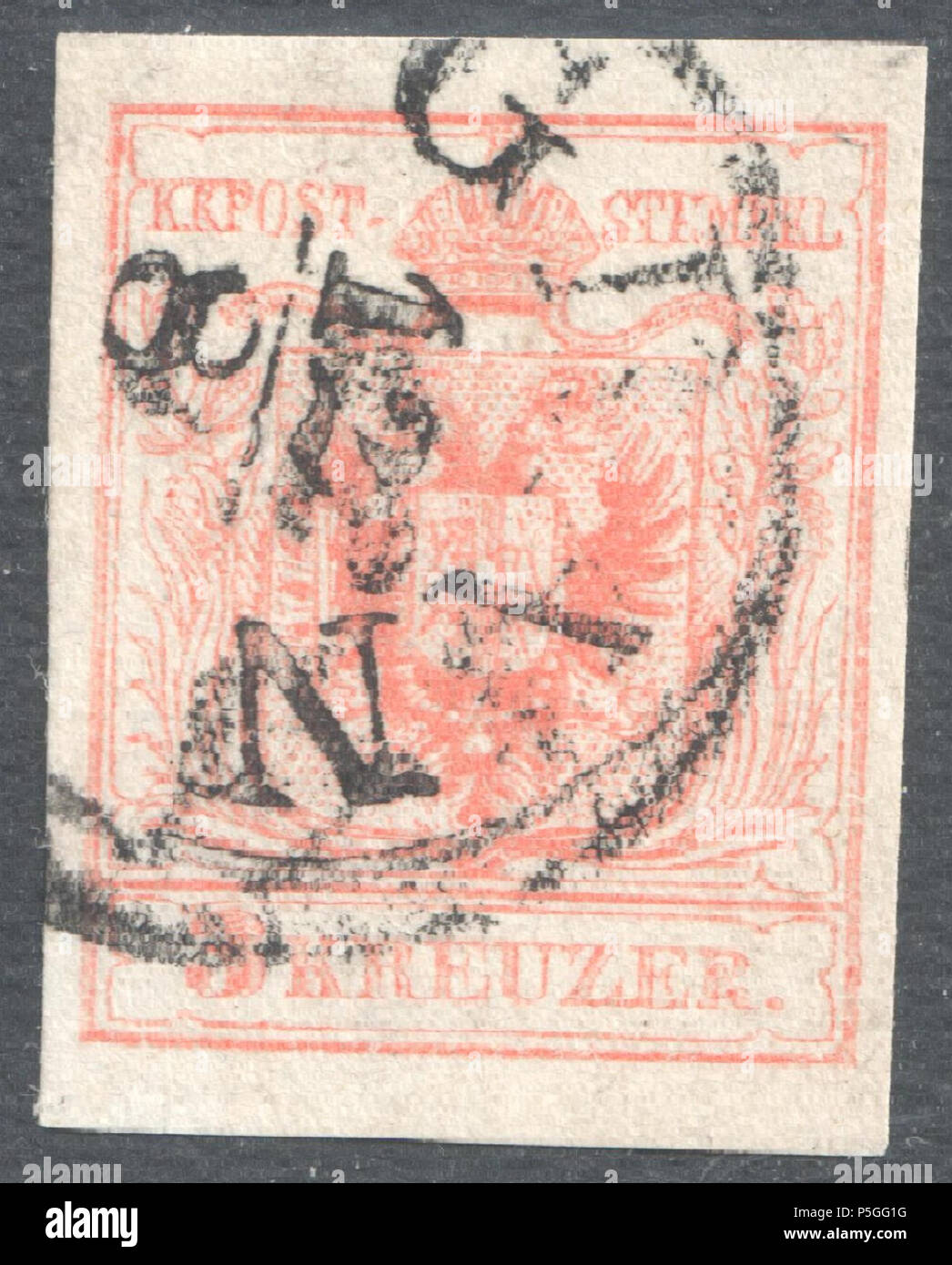 N/A. Inglese: KK austriaco timbro, 3 kr problema 1854, Ferchenbauer tipo IIIa, macchina di carta, rose, annullato a Esztergom, Ungheria. Mueller 838f di tipo RS-f (4 punti). 1854. Post dell'Impero Austriaco 153 Austria 1854 IIIa GRAN Foto Stock