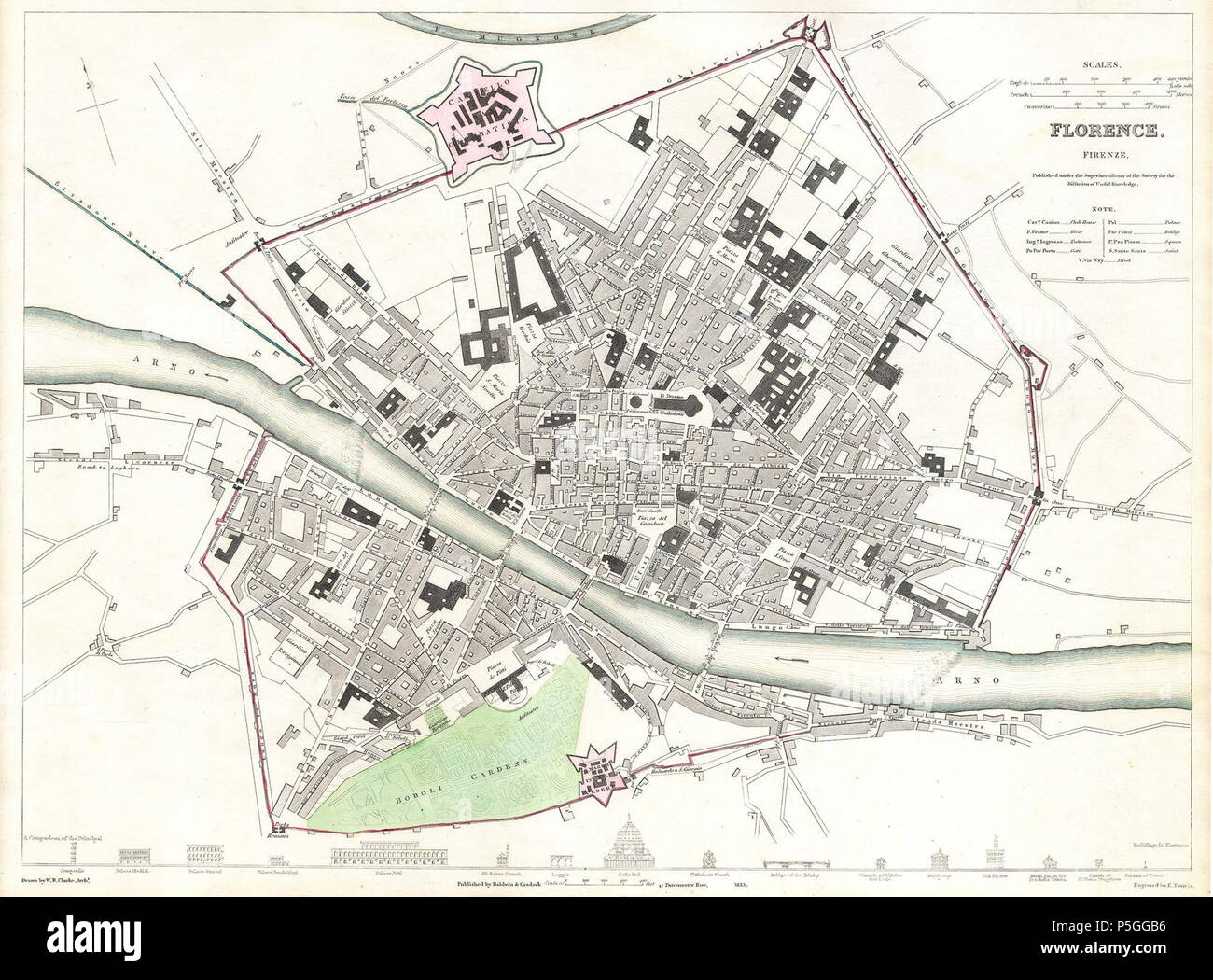 1835 S.D.U.K. Mappa della città o il piano di Firenze o Firenze, Italia - Geographicus - Firenze-SDUK-1835. Foto Stock