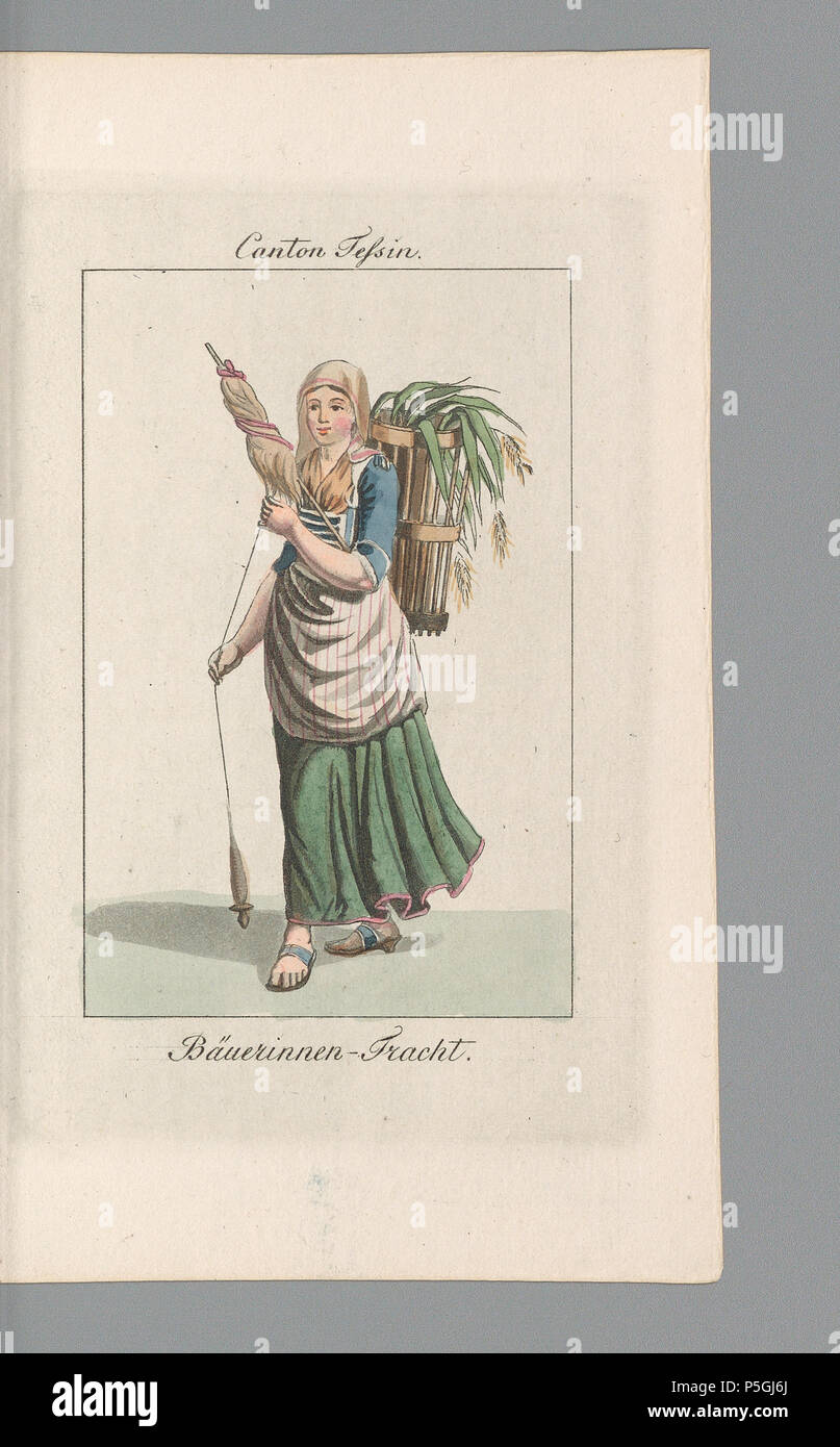 N/A. Il cantone Ticino. Bäuerinnen-Tracht; Bäuerin aus dem Cantone Ticino; Neue Sammlung von Schweizertrachten aus den XXII Cantonen = Nouvelle collection de costumi suisses des XXII cantoni (foglio 53); [recto in alto al centro]: Canton Ticino. [In basso al centro]: Bäuerinnen-Tracht.; Costume Ticinese; donna . 1820. [König, Franz Niklaus ] [incisore] 296 CH-NB - Collezione Gugelmann - GS-GUGE-108-303 Foto Stock