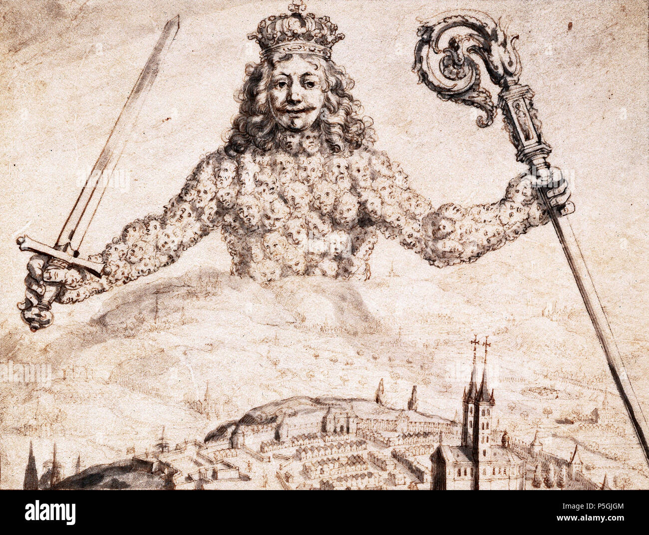 N/A. Disegno a inchiostro su manoscritto offerti da Thomas Hobbes a Charles II. 1651. Venceslao Hollar o (più probabile) Abraham Bosse. 471 disegno del frontespizio del Leviatano Foto Stock