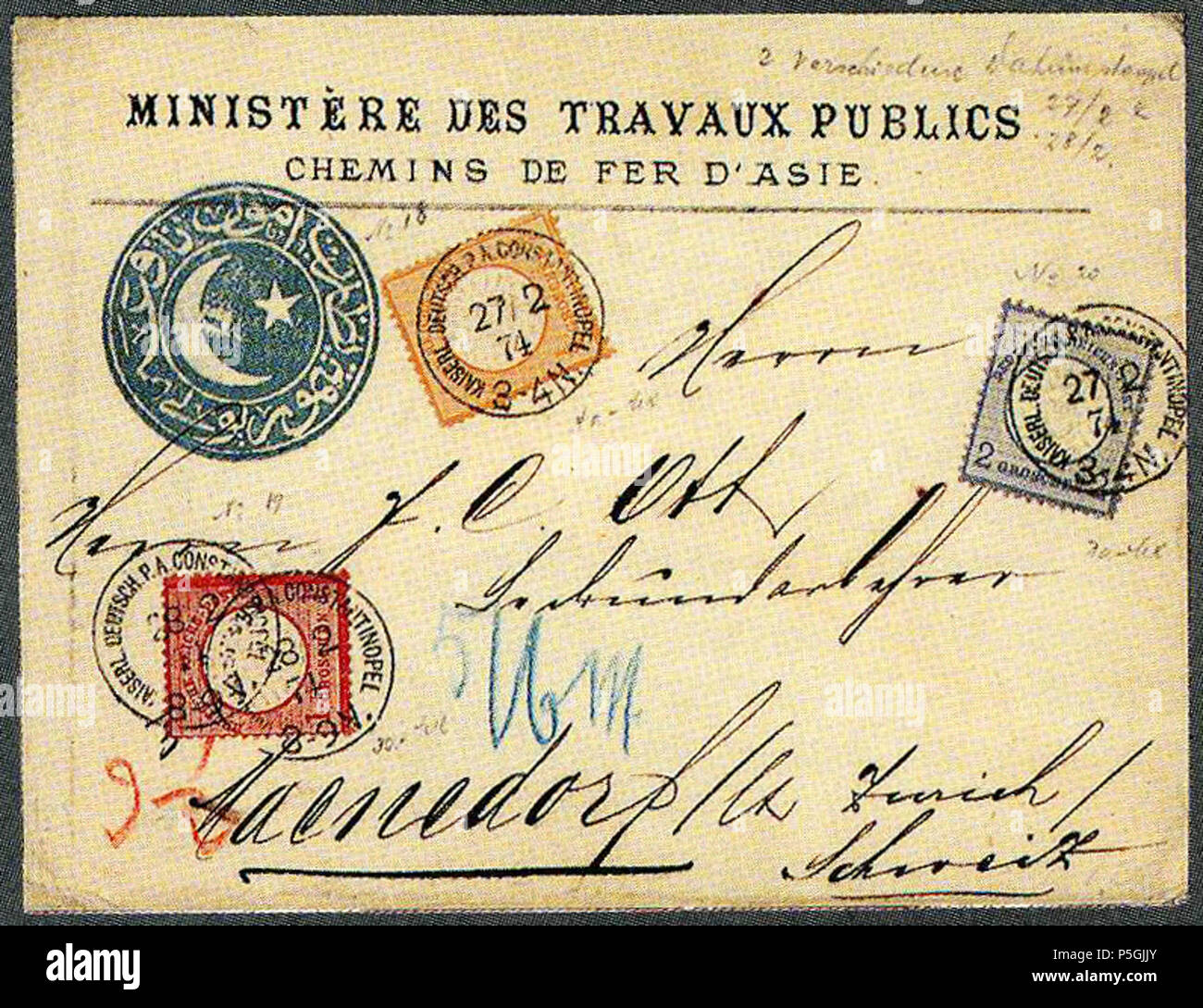 N/A. Inglese: lotto 3039 venduto 3.600 SF nel 2000 da Corinphila. Français : Couvert du Ministère des Chemins de Fer d'Asie, obitéré Kaiserl.Deutsch PA Constantinopel, vers la Suisse en 1874. Affr. 3² groschen (MiV18-19-20). Vendu 3.600 FS en 2000 ! . 27 febbraio 1874 (scansione 2017-10-05). Tedesco post in Turchia 30 1874 Kaiserl.Deutsch PA Constantinopel Schweiz MiV18-19-20 Foto Stock