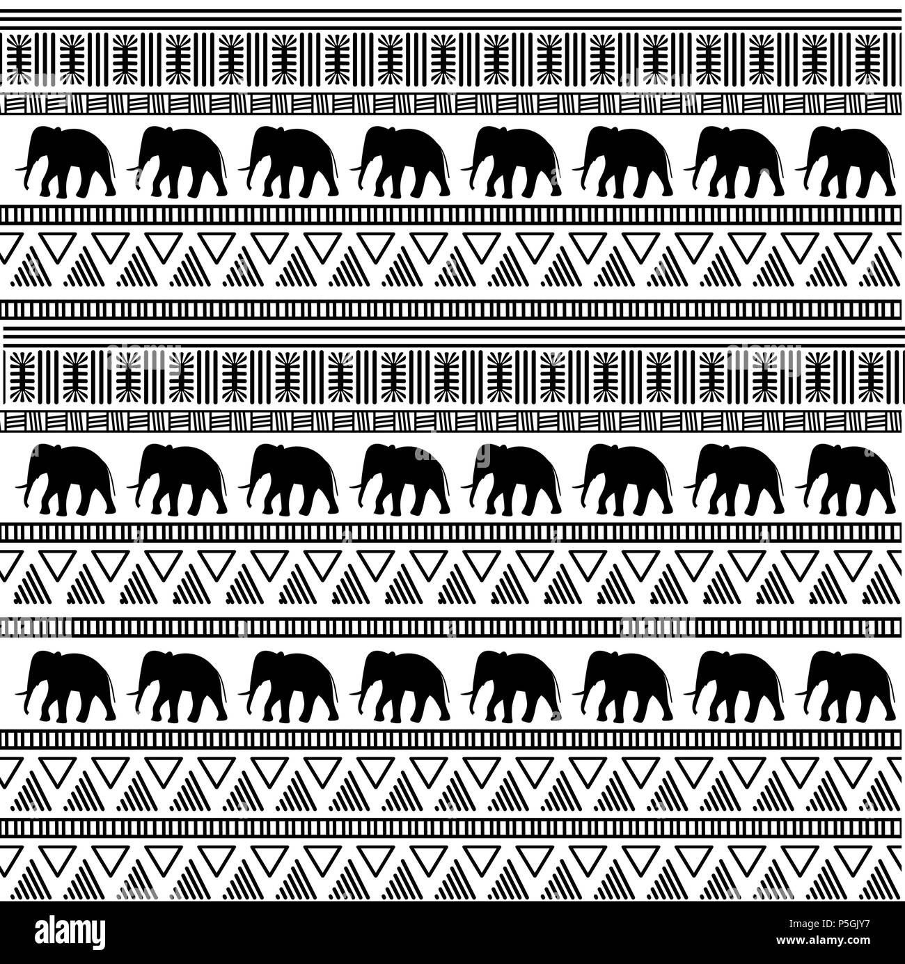 Tribale africano modello senza soluzione di continuità con gli elefanti e ornamenti geometrici. Abstract sfondo monocromo. Il design tessile. Illustrazione Vettoriale. Illustrazione Vettoriale