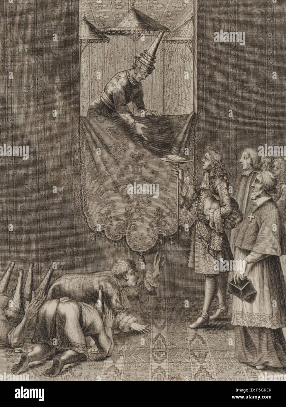 N/A. Inglese: un disegno da Jean-Baptiste Nolin rappresenta un evento che ha avuto luogo il 18 ottobre 1685 CE presso il municipio di Sanphet in Ayutthaya (ora è una provincia della Thailandia). In questo caso il re Narai del Regno Di Ayutthaya concesso un pubblico per una missione straordinaria accreditato dal re Luigi XIV di Francia. La missione è stata guidata da Alexandre, Chevalier de Chaumont. Narai, rendendo un aspetto a un balcone del citato hall, aveva per abbassare se stesso a scegliere la missiva da Alexandre, che ha rifiutato di sollevare la missiva fino a Narai. Narai il cancelliere, Constantine Phaulkon è visto compiere un gesto Foto Stock