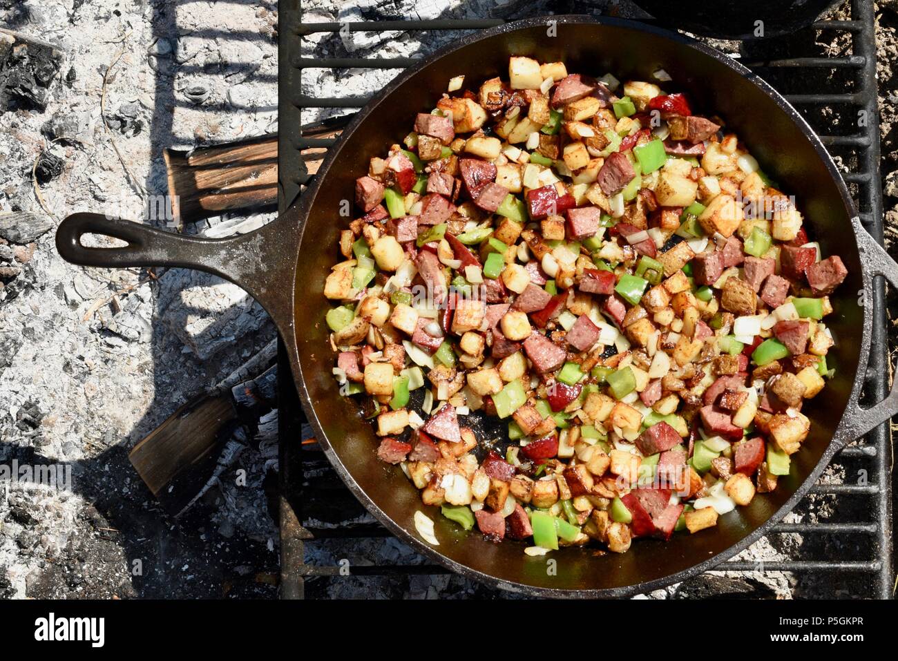 Padella per friggere salsicce, peperoni, patate e cipolle su un fuoco di legno al di fuori alla sanguinosa Lago Rendezvous, Wisconsin, STATI UNITI D'AMERICA Foto Stock