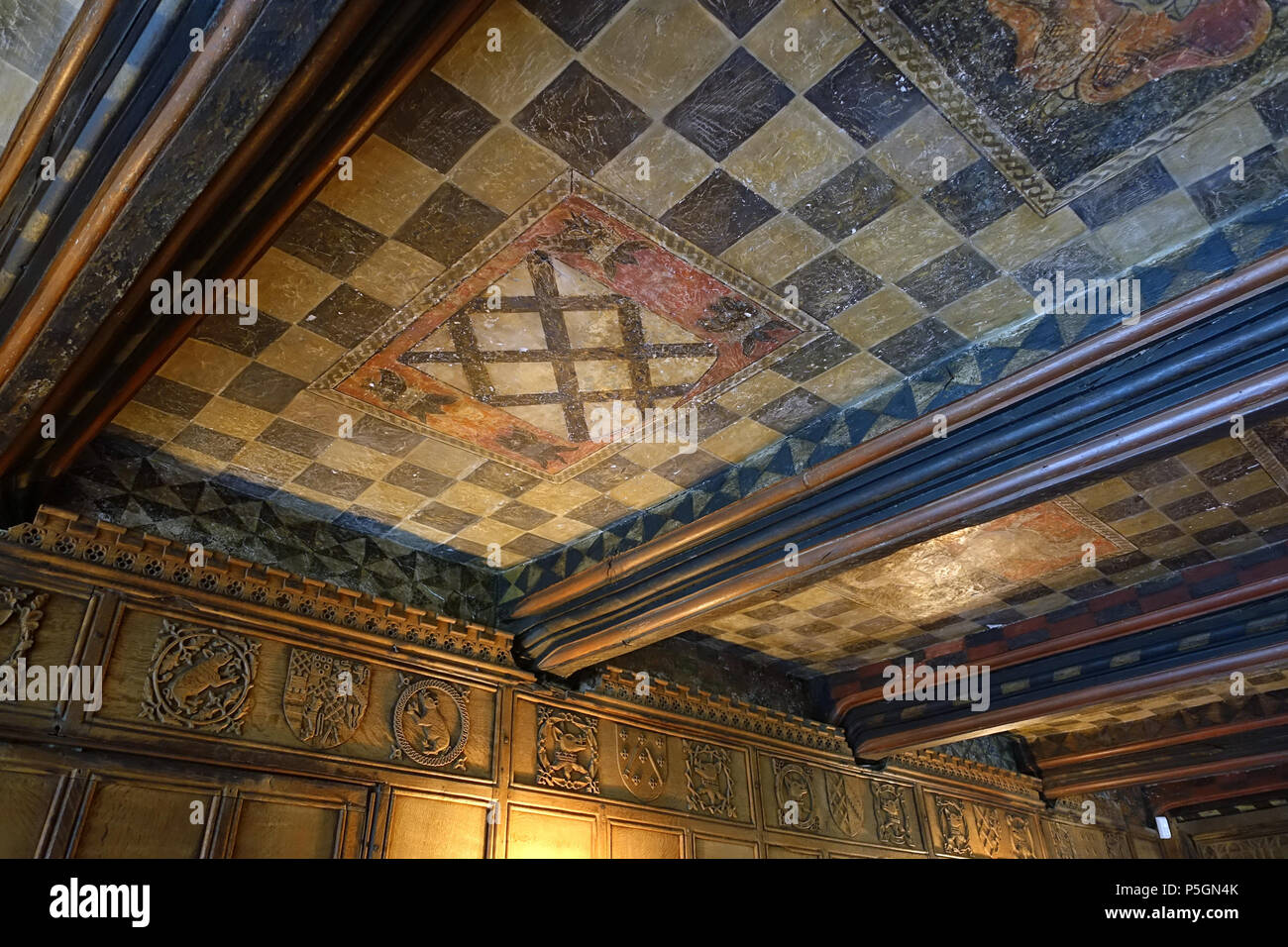 N/A. Inglese: salotto o la sala da pranzo, Haddon Hall - Bakewell, Derbyshire, in Inghilterra. La camera era creato circa 1500 da Henry Vernon, e rivestite di pannelli in 1545 con il cinghiale Cresta di testa e armourial scudi di generazioni della famiglia Vernon. Soffitto in gesso presenta decorazioni di Talbot cane e Tudor Rose. 18 giugno 2016, 06:35:06. Daderot 285 decorazione del soffitto nel salone o nella sala da pranzo, Haddon Hall - Bakewell, Derbyshire, Inghilterra - DSC02650 Foto Stock