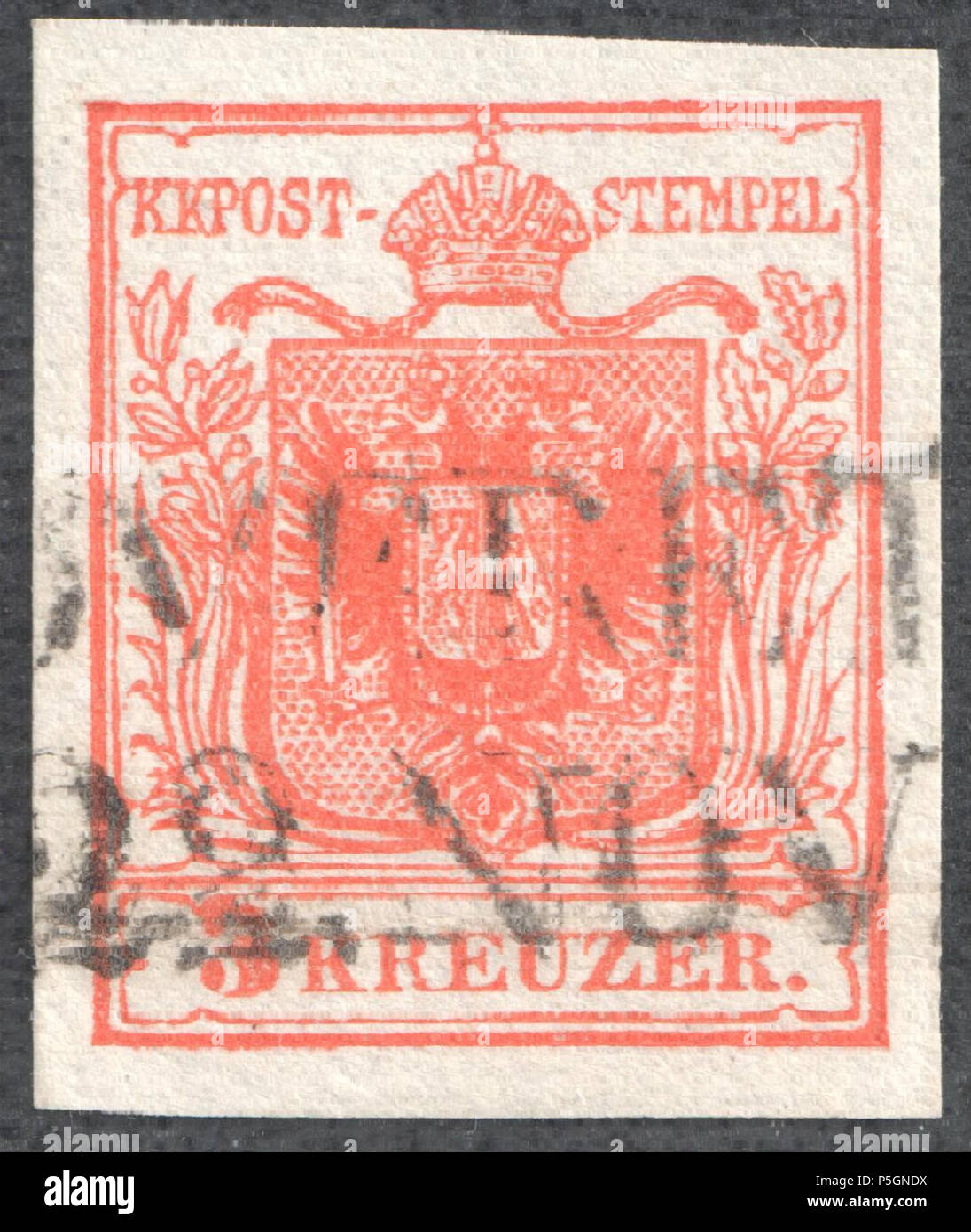 N/A. Inglese: Austria 1850 3Kr, stampare prima di tipo Ia carta a mano. Carta 0,12-0,13mm. Deutsch: Österreich 1850 3 Kreuzer, Erstdruck, Typ Ia Handpapier, Papier 0,12-0,13mm. 1850. Post di Austria 153 Austria 1850 3Kr Ia prima stampa Foto Stock