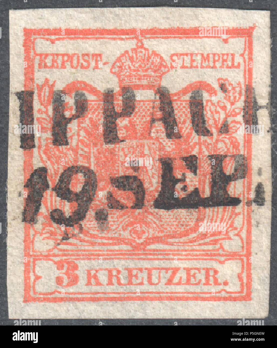 N/A. Inglese: Austria 1850 3 Kreuzer, tipo Ia carta a mano, con timbro postale (W)IPPACH / 19 SEP. Deutsch: Österreich 1850 3 Kreuzer, Typ Handpapier Ia. (W)IPPACH / 19 SEP. Müller farà fede il timbro postale: 3258un tipo Rl-R (25) . 1850. Post di Austria 153 Austria 1850 3Kr Ia WIPPACH Foto Stock