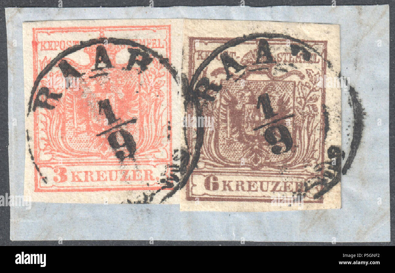 N/A. Inglese: Austria 1854 3 Kreuzer, tipo IIIa, 6 Kreuzer tipo III, con timbro postale RAAB 1/9, 2299b/D1 (2p). 1854. Post di Austria 153 Austria 1854 3Kr e 6KR RAAB Foto Stock