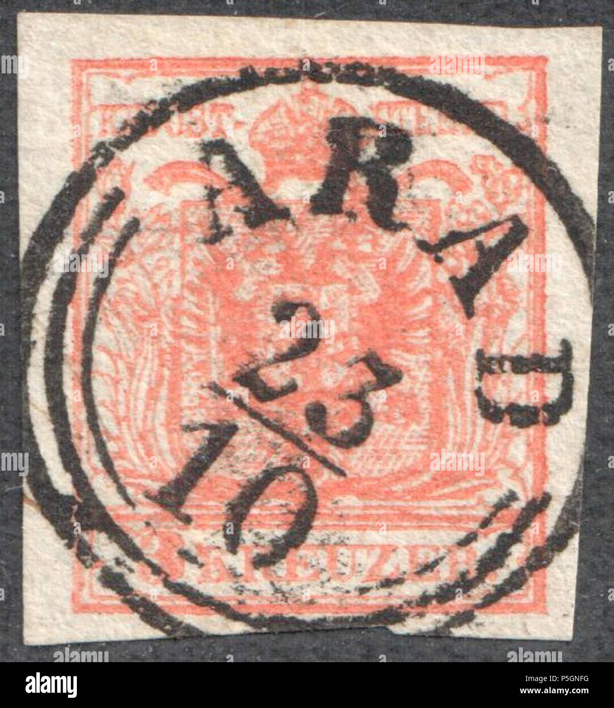 N/A. Inglese: Austria 1850 3Kr IIIa carta a mano, 0,13mm. Annullo postale " ARAD'. Deutsch: Österreich 1850 3 Kreuzer, tipo IIIa gestäbtes Handpapier, 0,13mm. "ARAD'. Müller farà fede il timbro postale: 82d tipo RSm-f (2x2) . 1850. Post di Austria 153 Austria 1850 3Kr IIIa HP ARAD Foto Stock
