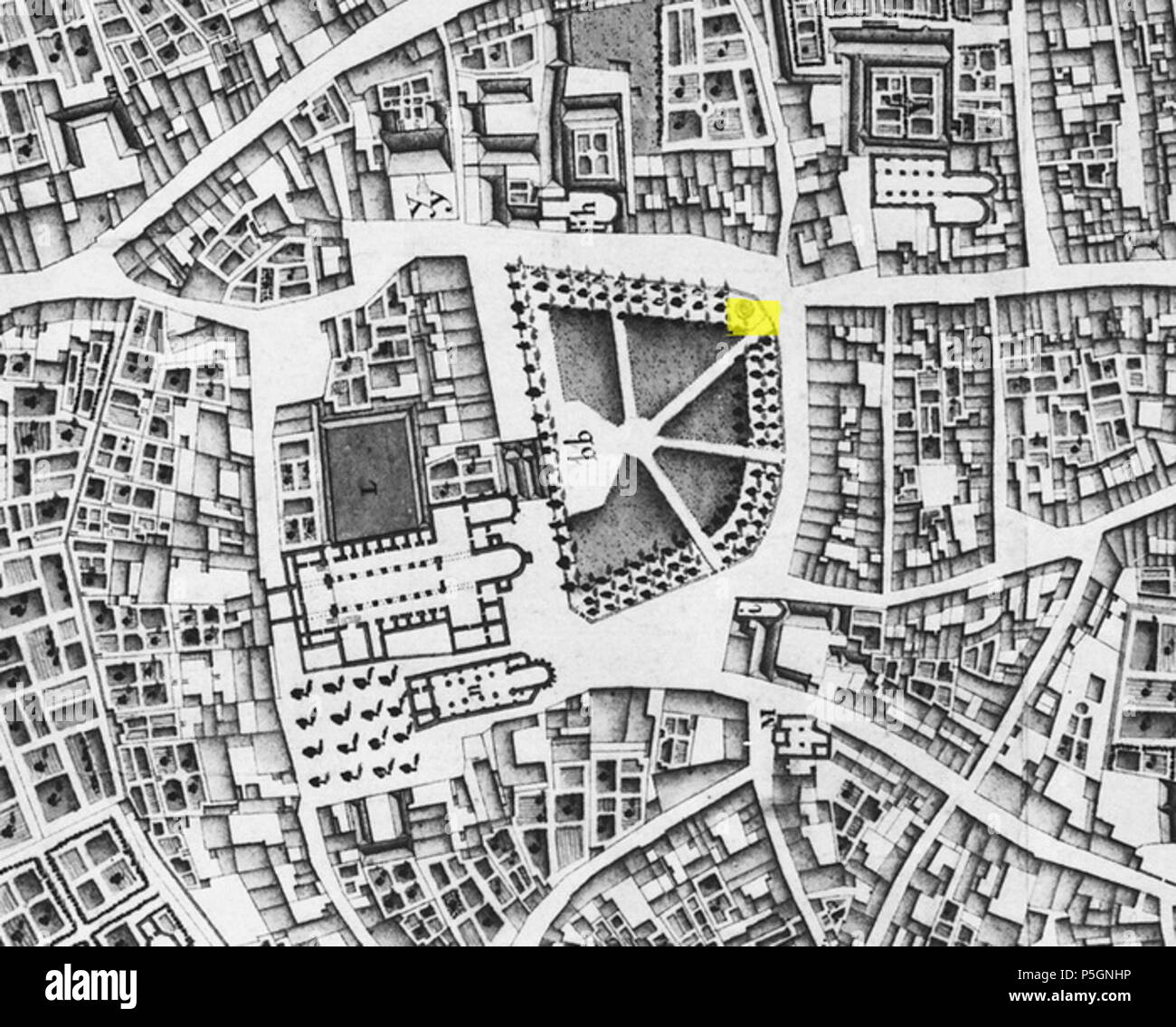 N/A. Inglese: Posizione (contrassegnata in giallo) del 1971 osservazioni archeologiche presso l'angolo nordorientale della Vrijthof di Maastricht, Paesi Bassi. Sulla base di un 1749 mappa dal francese ingegnere militare Jean-Baptiste Larcher d'Aubencourt, utilizzato per costruire la Maquette di Maastricht. 9 luglio 2016, 23:01:56. Jean-Baptiste Larcher d'Aubencourt, 1749 23 1749LarcherDAubencourt, Vrijthofopgravingen 18 Foto Stock