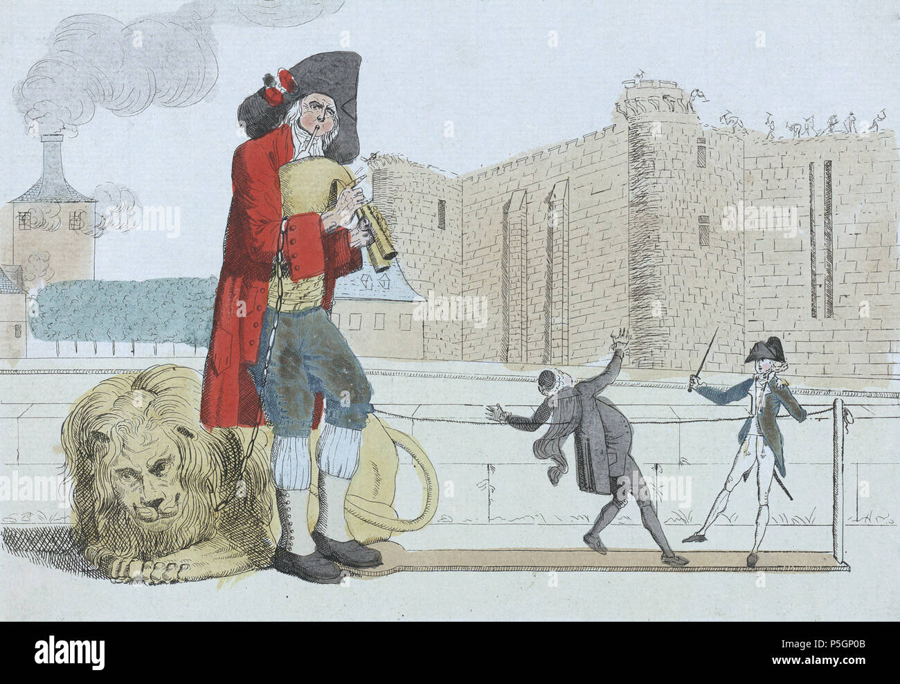 N/A. Inglese: Adieu Bastille stampa mostra un uomo giocando una zampogna,  dietro di lui si trova un leone su una catena che si è posato sul suo  braccio destro, il suo piede