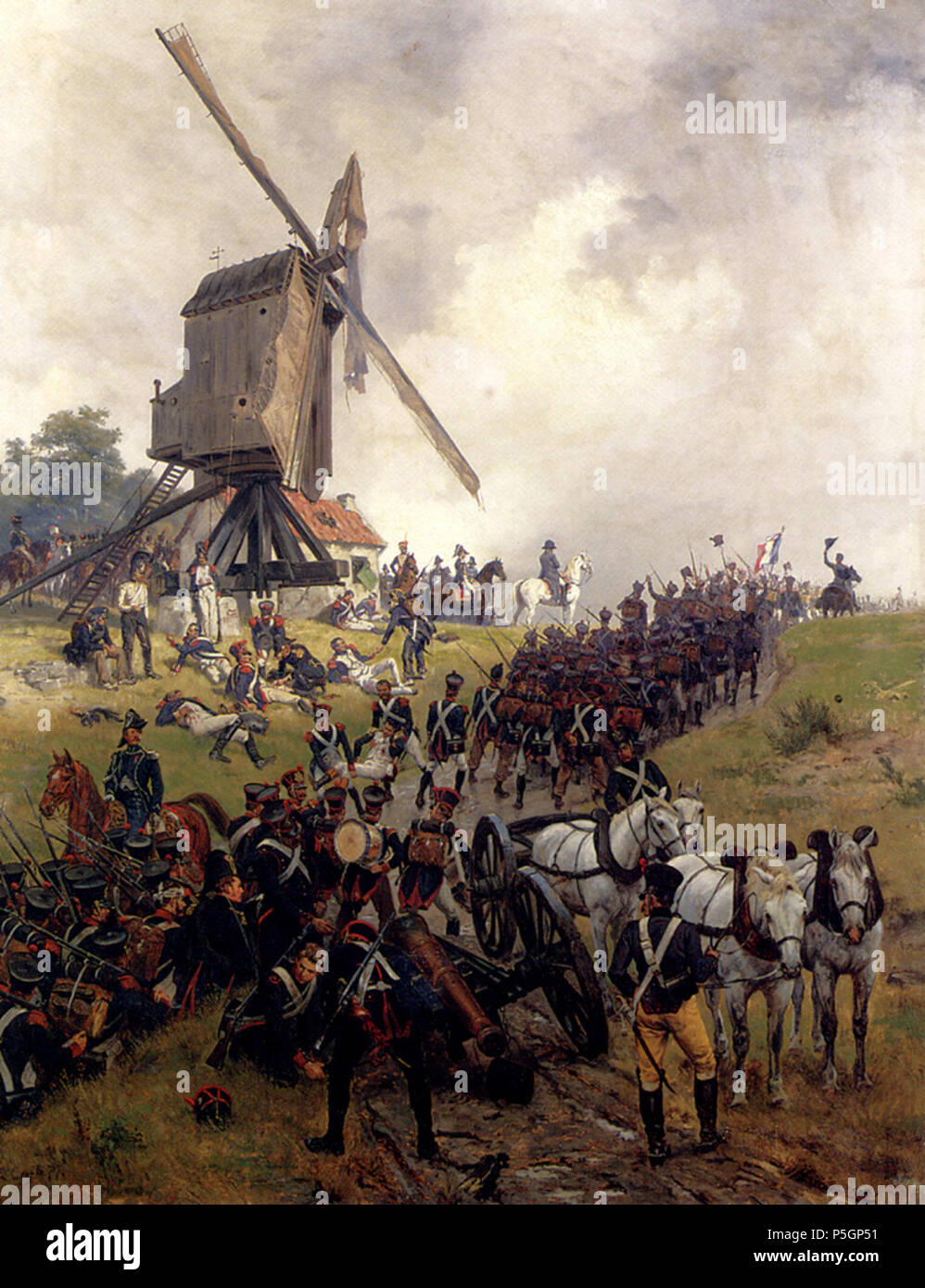N/A. Inglese: Ligny questa è una rappresentazione della battaglia di Ligny nel 1815, mostra Napoleone circondato dal suo personale la rilevazione del campo di battaglia mentre le colonne di fanteria in anticipo per la parte anteriore. Il mulino a vento è probabilmente che sulle alture di Naveau, che è servita come il comando di Napoleone post durante la battaglia. Questo dipinto da Ernest Crofts doveva essere il primo di non meno di dodici mostrato presso la Reale Accademia dall'artista tra il 1875 e il 1906 che rappresentano gli eventi che circondano la campagna di Waterloo, l'unica eccezione essendo il suo 1887 rendition, Napoleone lasciando Mosca.[1] . 1875. Ernest Croft Foto Stock