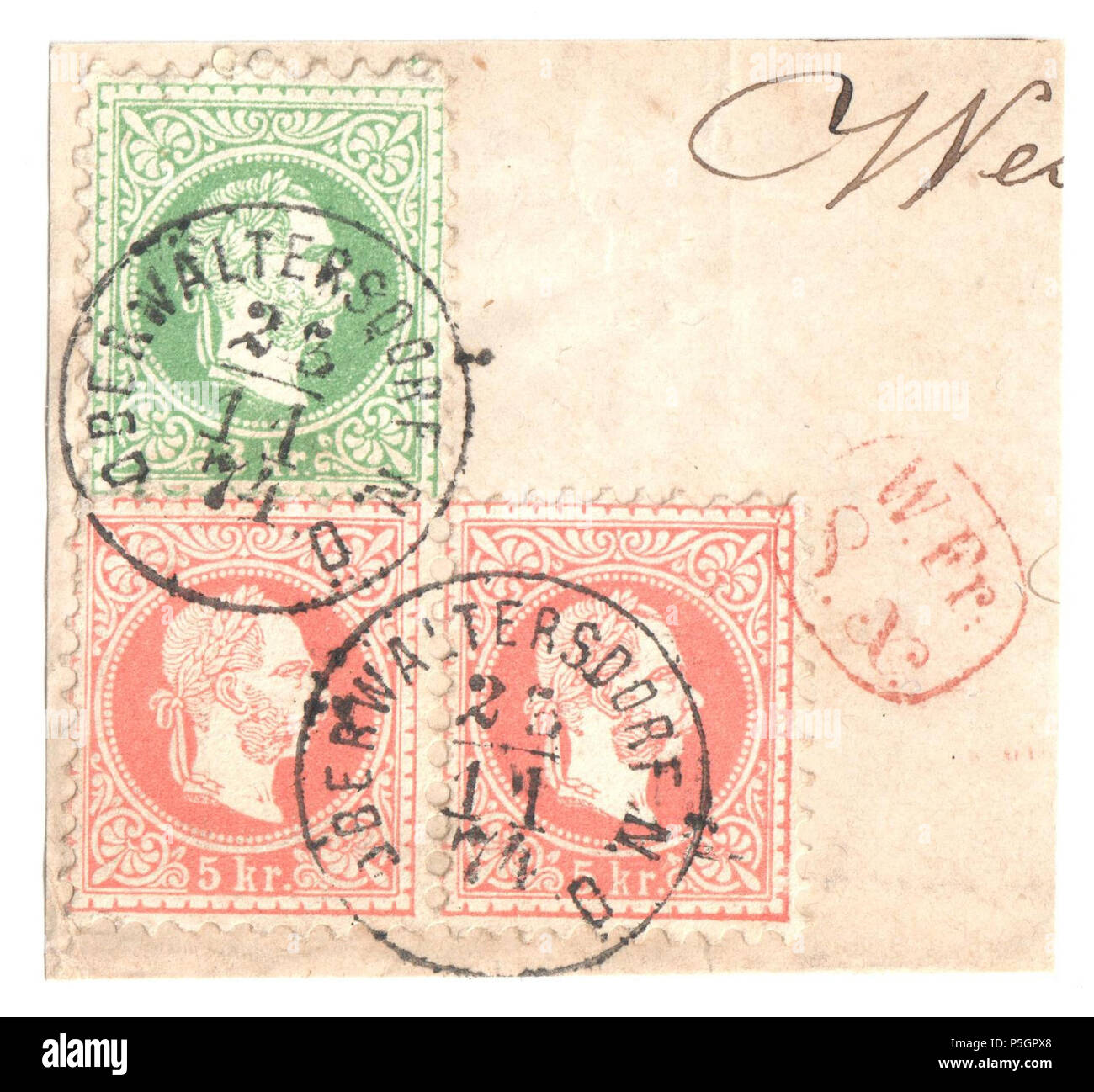N/A. Inglese: Austria frammento con 1867 3kr e 5 coppia kr, Mi.36 37 annullato 'OBERWALTERSDORF 23-11 74'. Mostra anche in box rosso 'W.Fr. S.X.' farà fede il timbro postale. 1867. Post di Austria 153 Austria frammento con 1874 3 e 5KR OBERWALTERSDORF Foto Stock