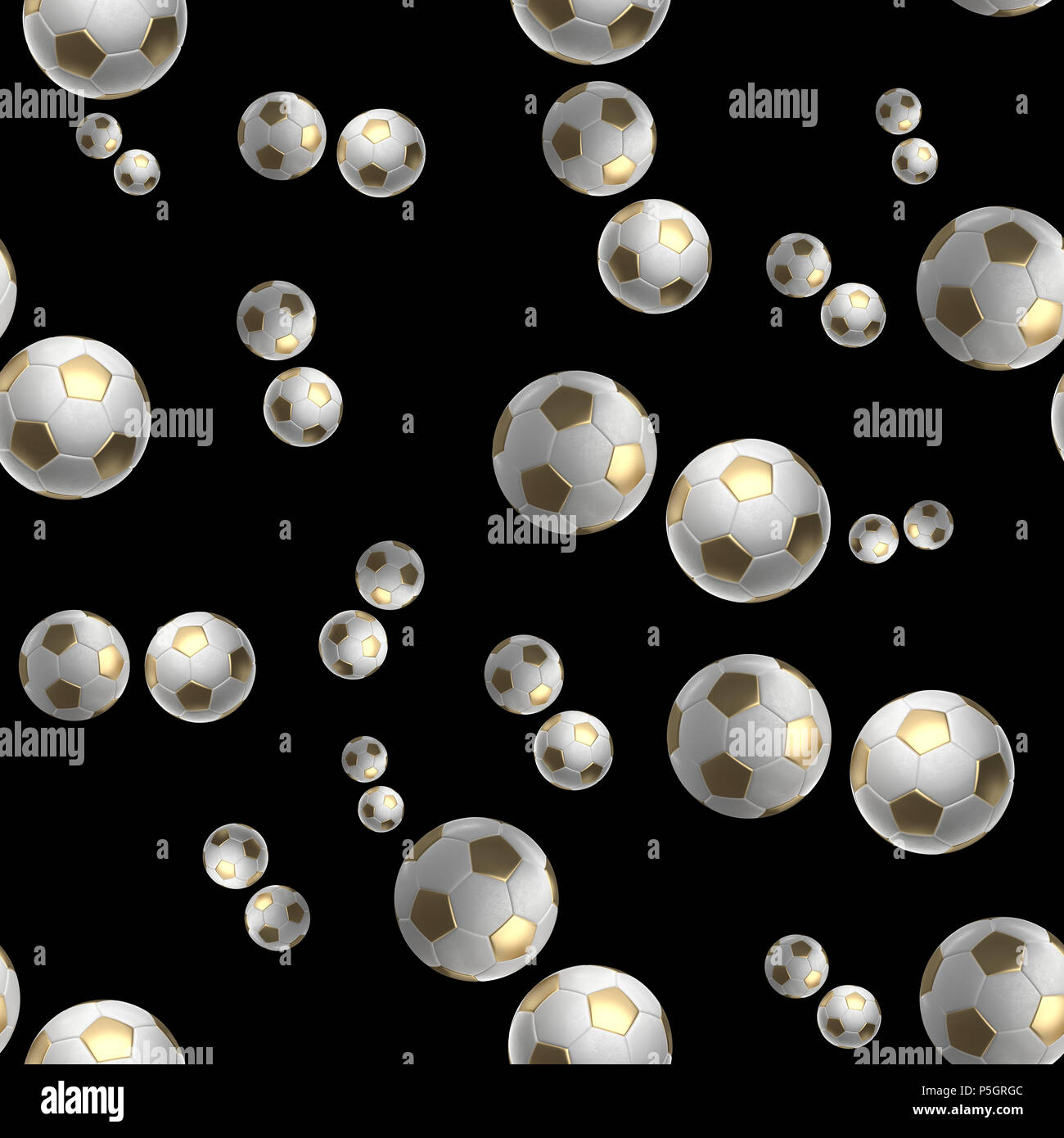 Golden Soccer-sfere isolati su sfondo nero seamless pattern 3d'illustrazione. Foto Stock