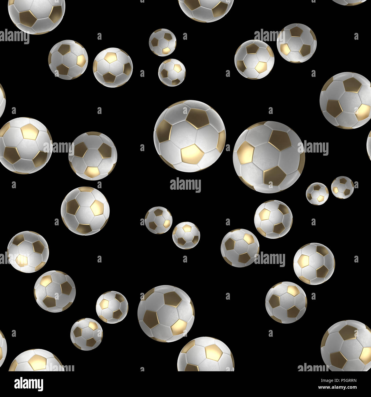 Golden Soccer-sfere isolati su sfondo nero seamless pattern 3d'illustrazione. Foto Stock