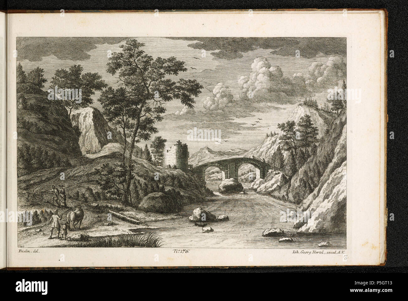 Stampe e Disegni dipartimento . [Landschaft]; n. 176; [recto innerhalb der Darstellung links unten]: I.W. f: [LINKS UNTEN]: Füslin, del. [Unten Mitte]: N°. 176. [Unten rechts]: Ioh. Georg Hertel, excud. A.V. / 3; Landschaft. Brücke; Fluss; Reisender; Ruine; Turm . Il XVIII secolo. Füssli, Johann Melchior [MalerIn/ZeichnerIn] 289 CH-NB - -Landschaft- - Collezione Gugelmann - GS-GUGE-2-o-141 Foto Stock