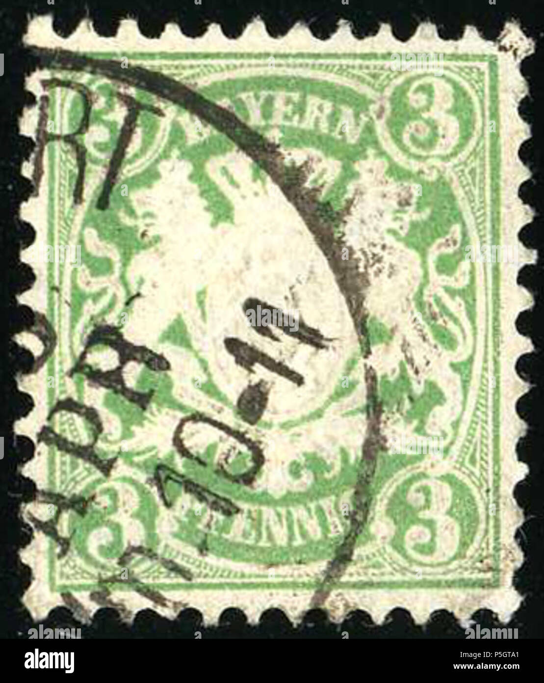 N/A. Inglese: 3 Pfennig green Regno di Baviera, edizione gennaio 1876. Usato. Michel N°37b. 1 gennaio 1876 (scansione 2016-12-15 10:49:08). J.P. Riess 30 1876 3Pfg Bayern utilizzato Mi37b Foto Stock