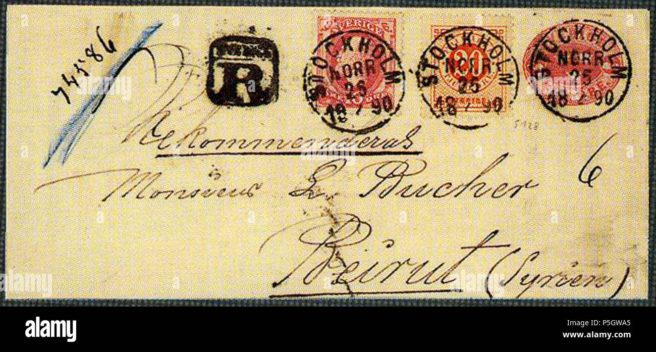 N/A. Français : Entier suédois postali, 10 Öre (+ 30 öre) de Stockholm à Beyrouth. Michel U4. Lotto 1144 vendu 750 FS 2000 par Corinphila (Cihangir). Il 25 febbraio 1890 (scansione 2017-04-08). Post di Svezia 31 1890 U4 Svezia Stockholm-Beirut Foto Stock