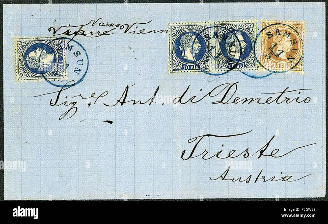N/A. Français : Couvert de SAMSUN vers TRIESTE, affranchi 45 soldi en 1872. Michel N°4i e 5I. Lotto 1853 vendu 1000 FS00 (ex Cihangir) . 1872 (scansione 2017-05-01). Uffici austriaci in Turchia 30 1872 45sld Samsun Trieste Mi4I&amp;5I Foto Stock