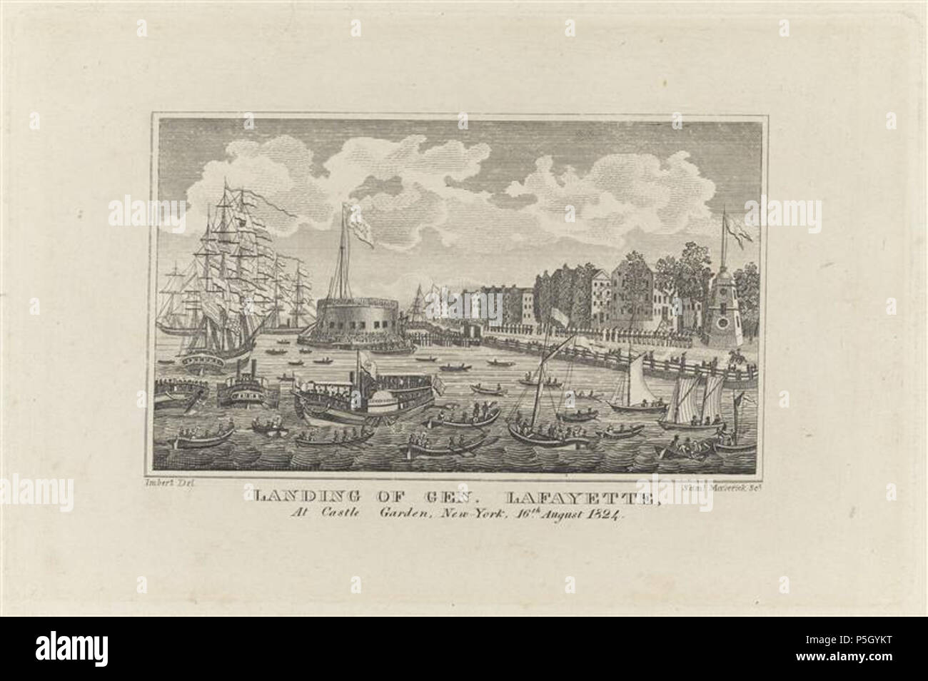 N/A. Inglese: lo sbarco di Gen. Lafayette presso il giardino del castello, New York, 16 agosto 1824 . 1824. N/A 3 " lo sbarco di Gen. Lafayette presso il giardino del castello, New York, 16 agosto 1824' di Samuel Maverick e Anthony Imbert Foto Stock