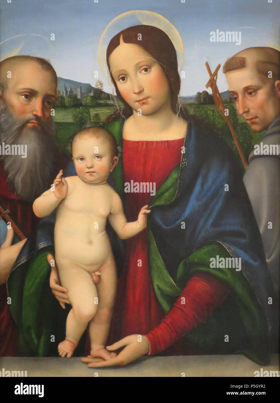 N/A. Inglese: Madonna con il Bambino e i Santi Girolamo e Francesco da Francesco Raibolini (Francesco Francia), chiamato Il Francia, c. 1500, olio su pannello, Norton Simon Museum . circa 1500. Francesco, Raibolini detto il Francia 3 "Madonna con il Bambino e i Santi Girolamo e Francesco' da Il Francia, Norton Simon Museum Foto Stock