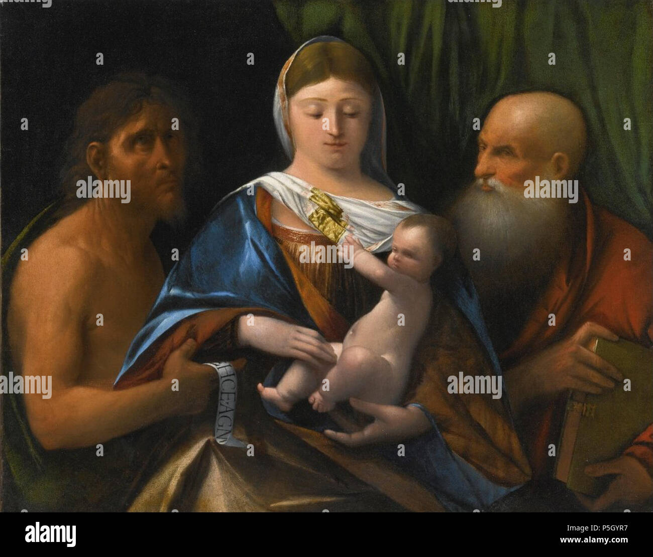 N/A. Inglese: Madonna con Bambino e i Santi Giovanni Battista e Girolamo di Giovanni di Niccolò de Lutero, chiamato Dosso Dossi, olio su tela, 66,6 da 86,4 cm. . Giovanni di Niccolò de Lutero, chiamato Dosso Dossi 3 "Madonna con Bambino e Santi. Giovanni Battista e Girolamo' di Dosso Dossi Foto Stock