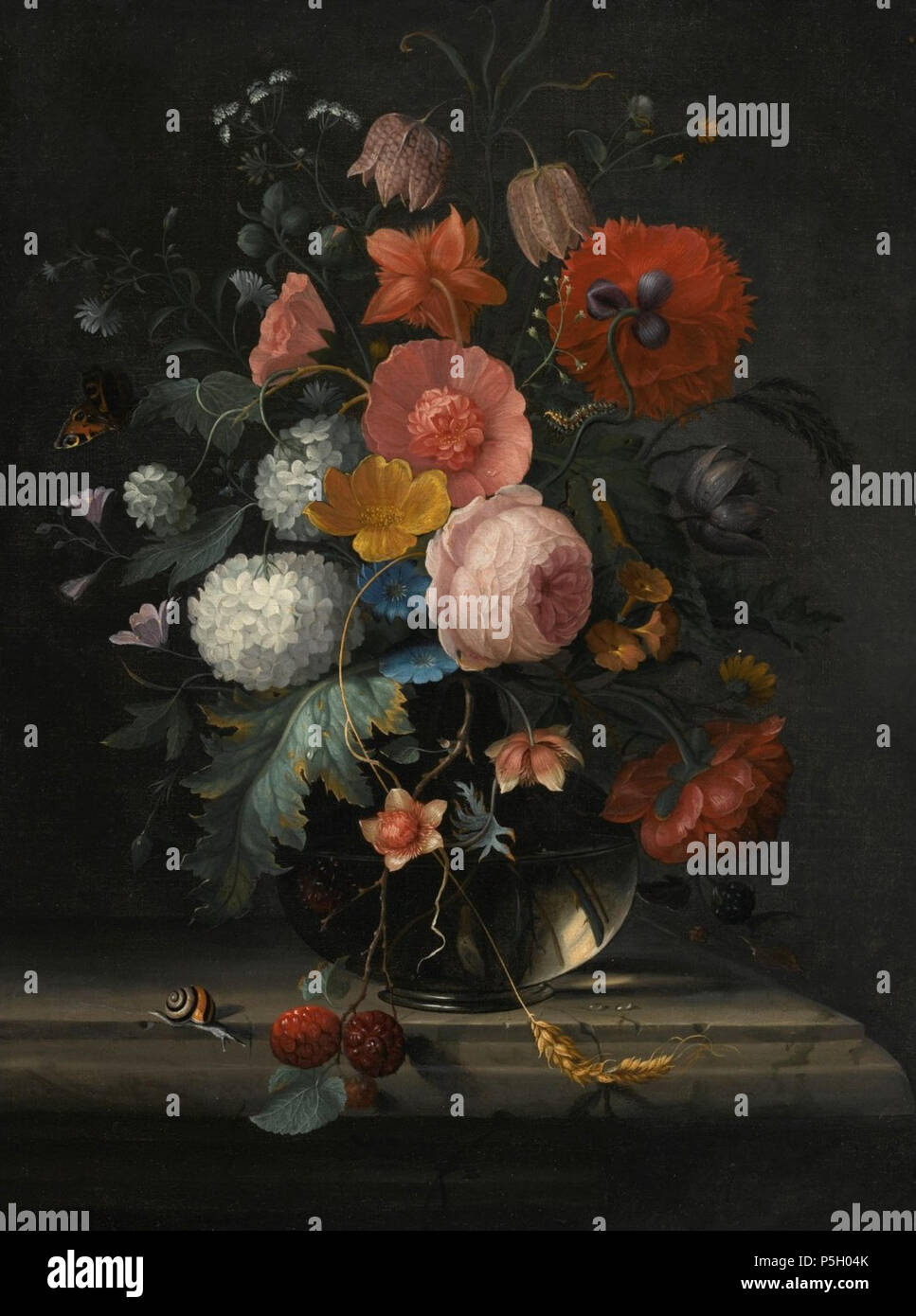 N/A. Inglese: ancora la vita di rose, fritillaria, pallon di maggio e altri fiori in un vaso di vetro in appoggio su di una battuta, con una lumaca e Butterfly di Pieter Gallis, olio su tela, 52 da 39,7 cm. N/A 4 'Still vita di rose, fritillaria, pallon di maggio e altri fiori in un vaso di vetro ..." da Pieter Gallis Foto Stock