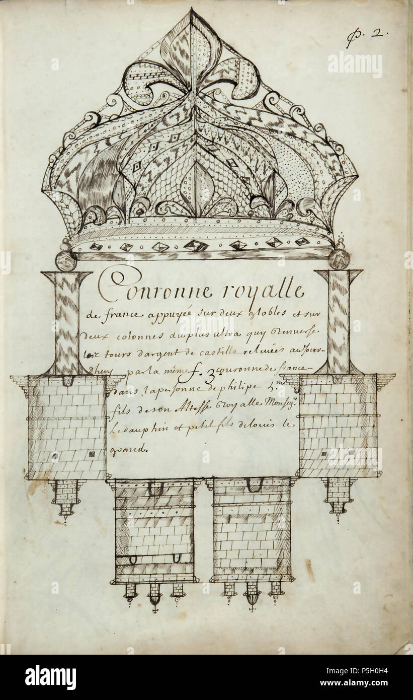 N/A. Français : Codex canadensis, p. 2 Conronne royalle / de france appuyée sur deux globles et sur / deux colonnes du plus ultra quy renverse / les tours dargent de Castille relevées aujour- / dhuy par la même couronne de france / dans la personne de Philipe 5me / fils de son Altesse royalle Monseyr / Le Dauphin et petit fils de Louis le Grand. Inglese: Royal Corona di Francia supportato da due globi e due colunnns del plus ultra, che sconvolge le torri d'argento di Castiglia, ri-stabilito oggi dalla stessa corona di Francia nella persona di Filippo V, figlio di Sua Altezza Reale il Crown Pr Foto Stock